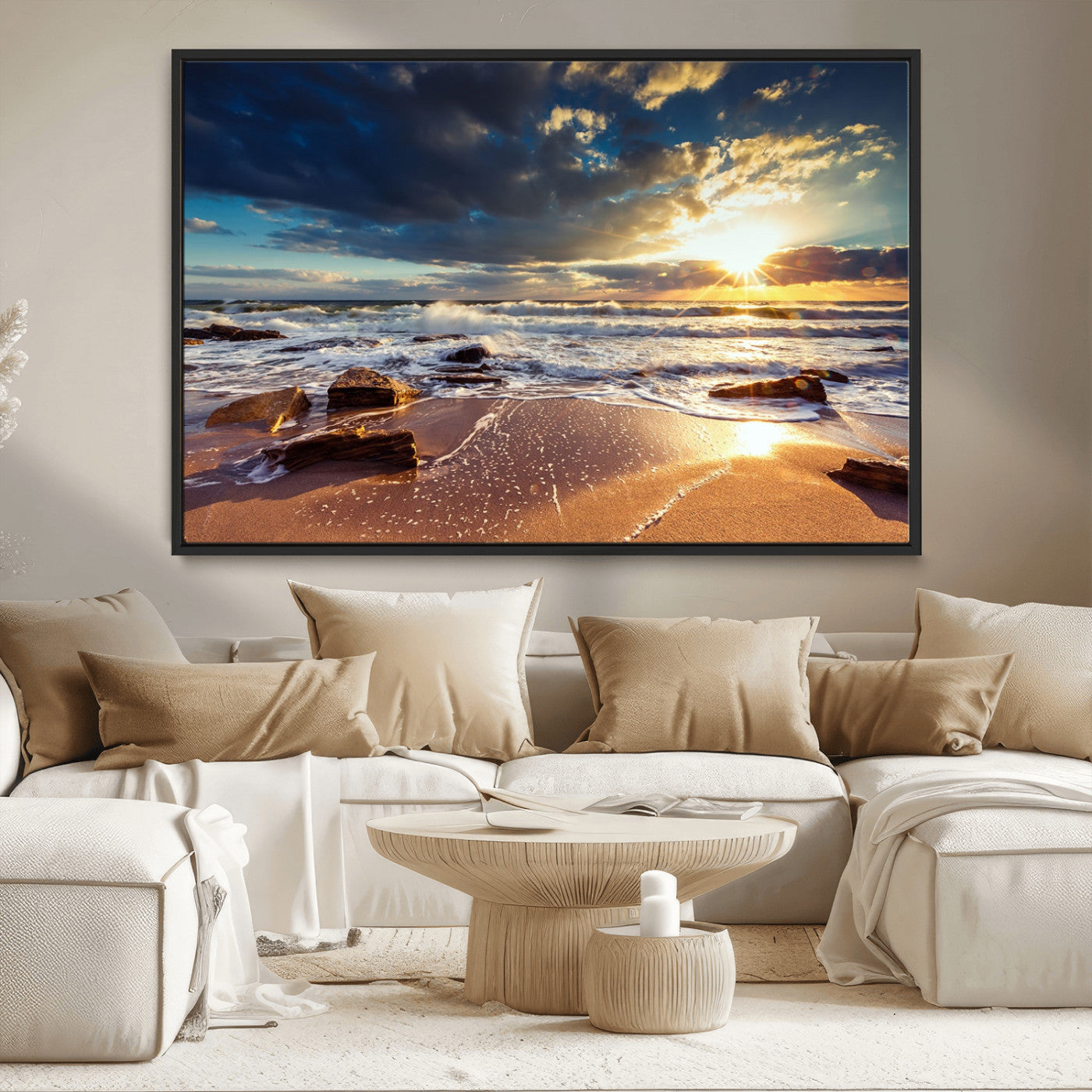 MGV-FC-36X24 - Golden Hour Beach Sunset Canvas Triptych, Ocean Waves and Rocks Wall Art for Coastal Home Decor