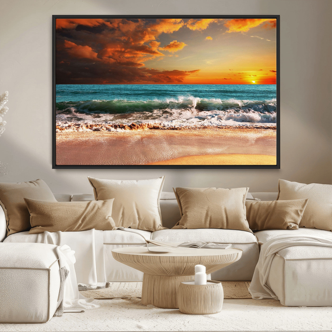MGV-FC-36X24 - Golden Sunset Beach Canvas Wall Art – Triptych Seascape Print – Framed and Ready to Hang for Living Room or Office