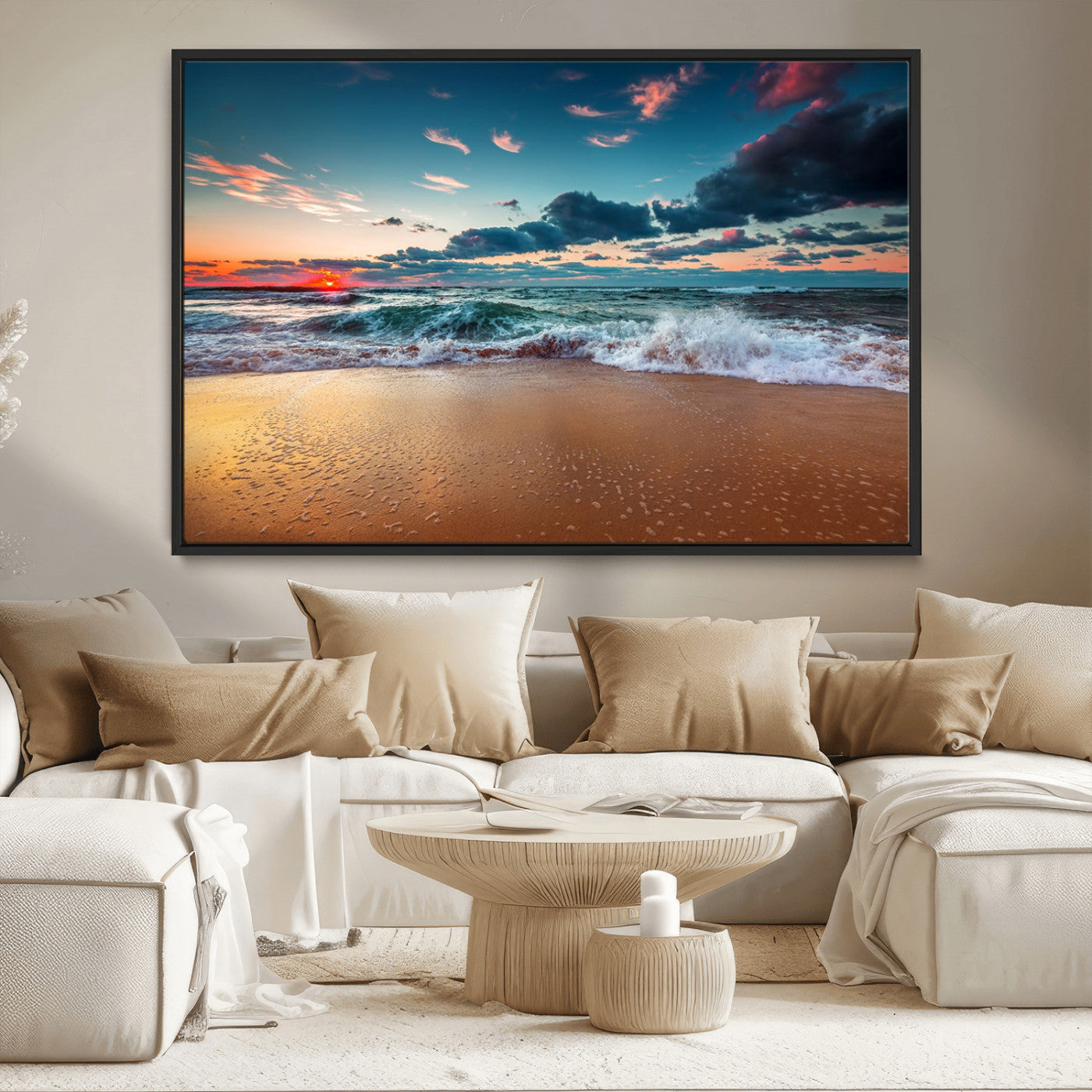 MGV-FC-36X24 - Sunset Ocean Beach Wall Art – Giclee Canvas Print, Coastal Seascape, Ready to Hang, Beach Decor, Large 3-Panel Set for Living Room