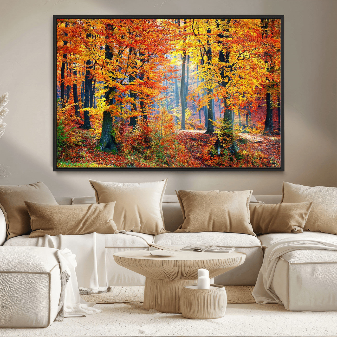 MGV-FC-36X24 - Autumn Red Forest Triptych Canvas Wall Art Print, Forest Wall Decor, Fall Landscape Art | Season Nature Landscape for Home or Office