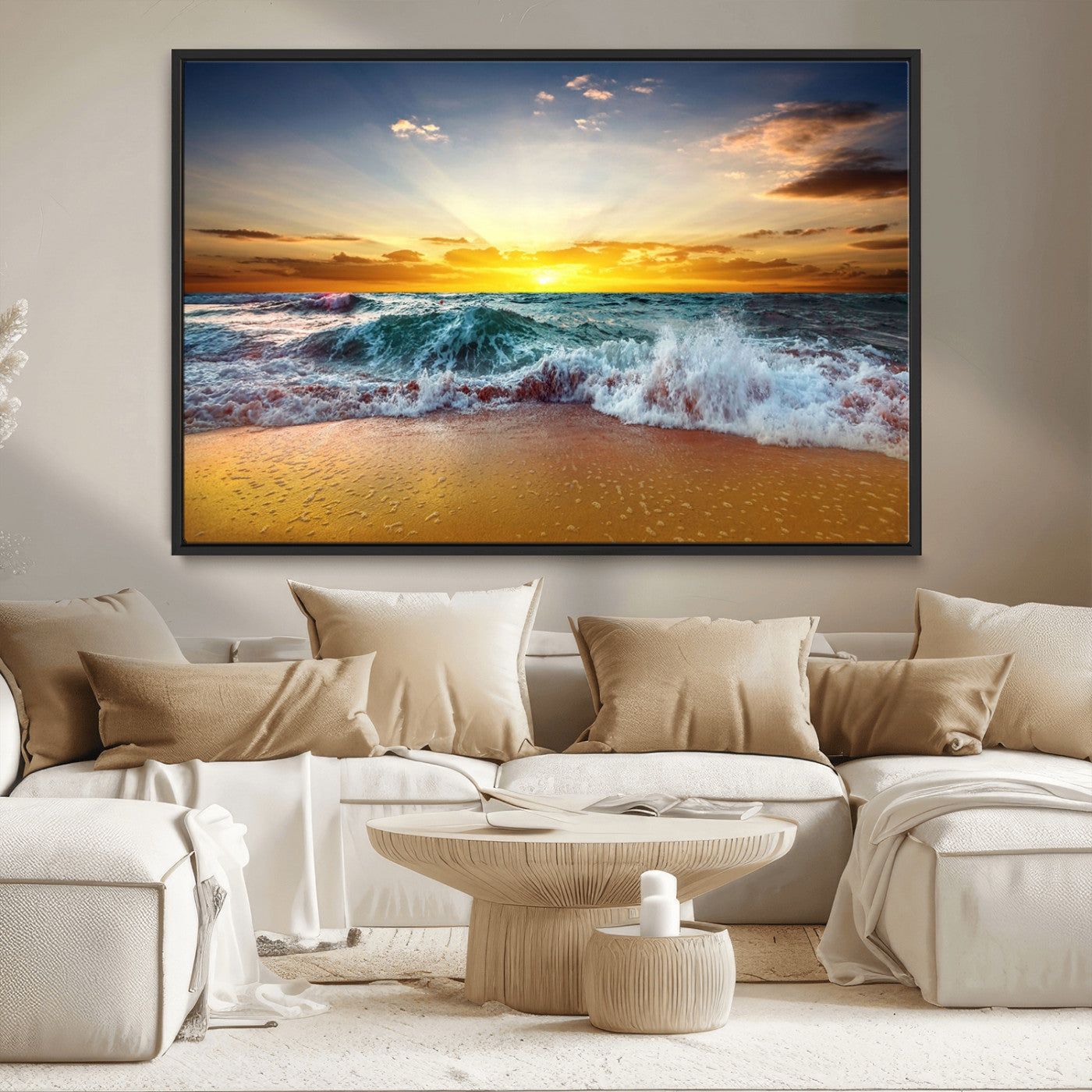 MGV-FC-36X24 - Golden Sunset Ocean Waves Wall Art Canvas Print – Multi Panel Beach Canvas Print Set – Large Coastal Triptych Print for Home or Farmhouse Decor