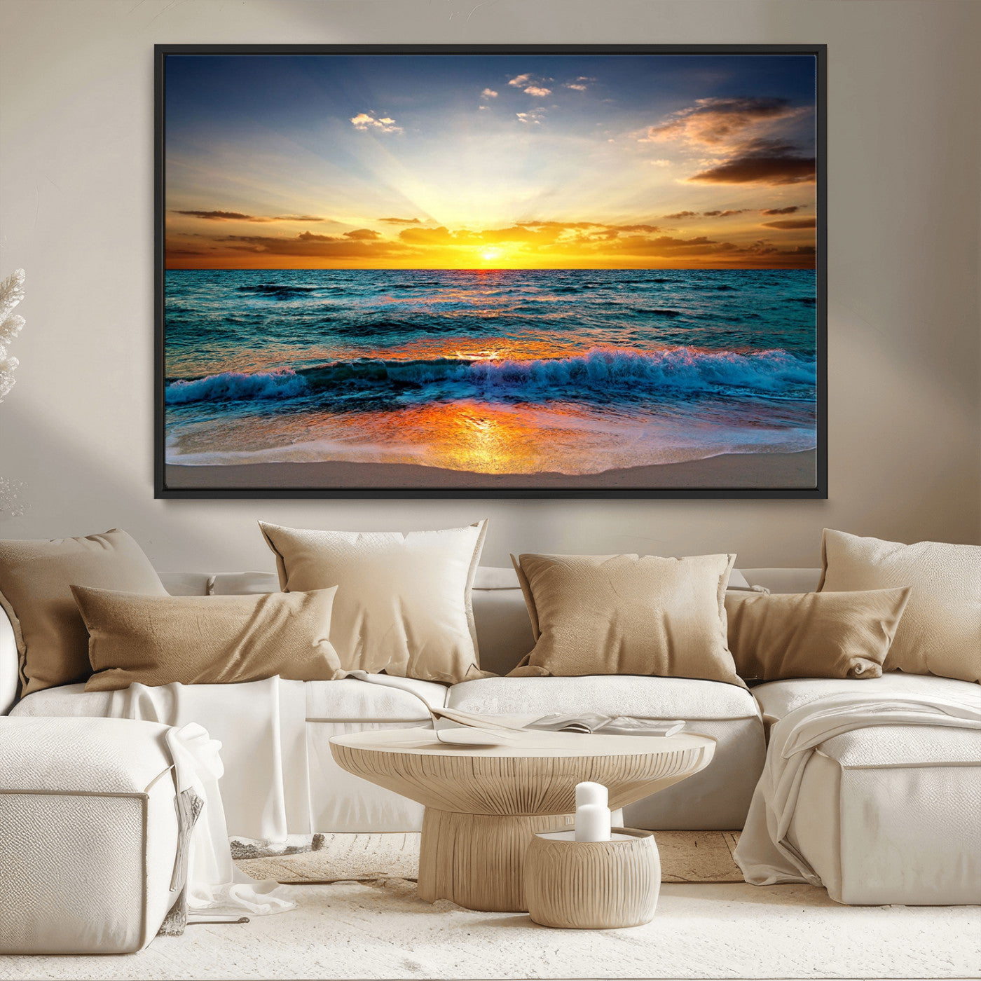 MGV-FC-36X24 - Vibrant Ocean Sunrise Over Golden Beach Waves, Giclee Canvas Wall Art Set, High-Quality Stretched Canvas Print, Ready to Hang Coastal Sunset Wall