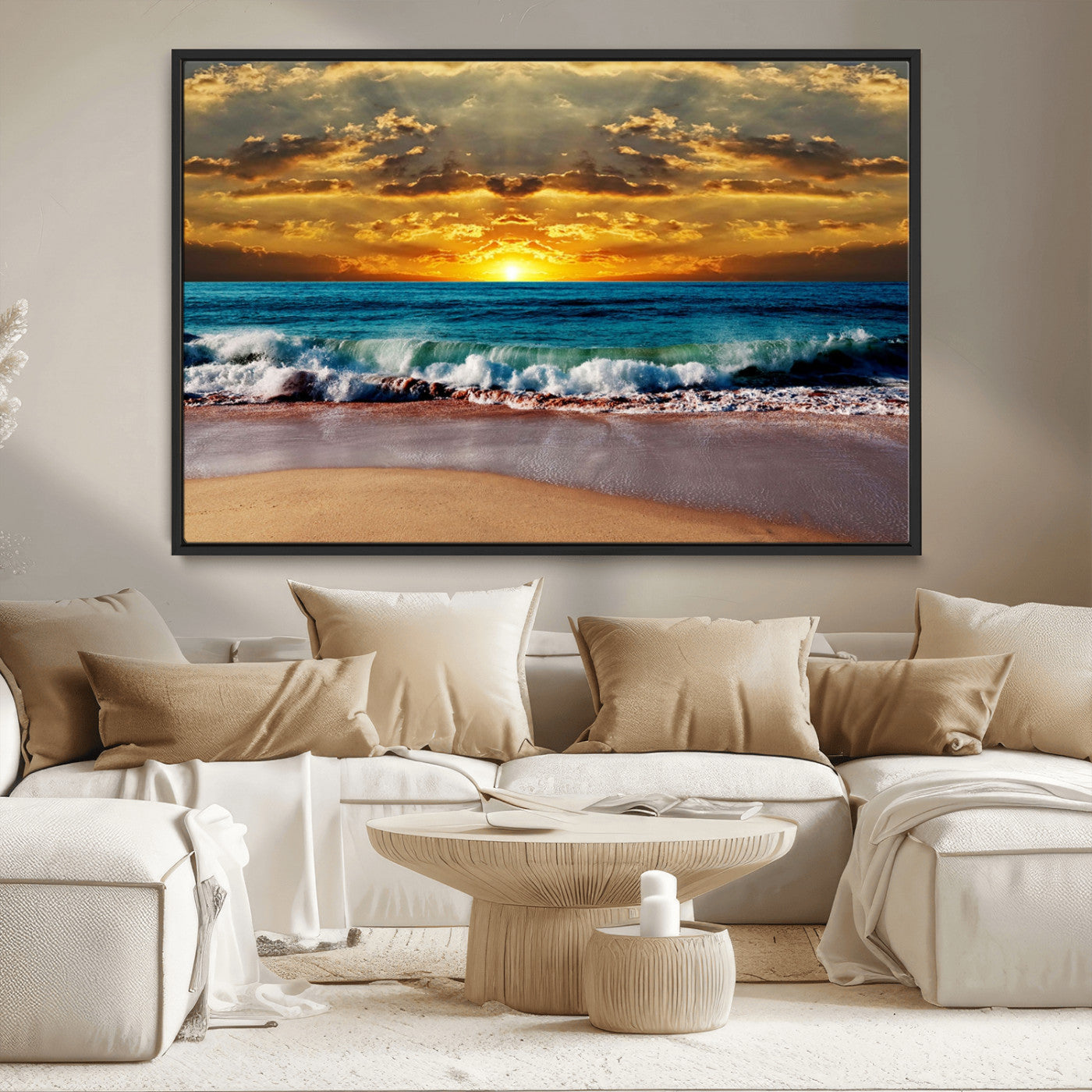 MGV-FC-36X24 - Ocean Sunrise Over Golden Beach Waves, Giclee Canvas Wall Art Set, High-Quality Stretched Canvas Print, Ready to Hang Coastal Sunset Wall Decor