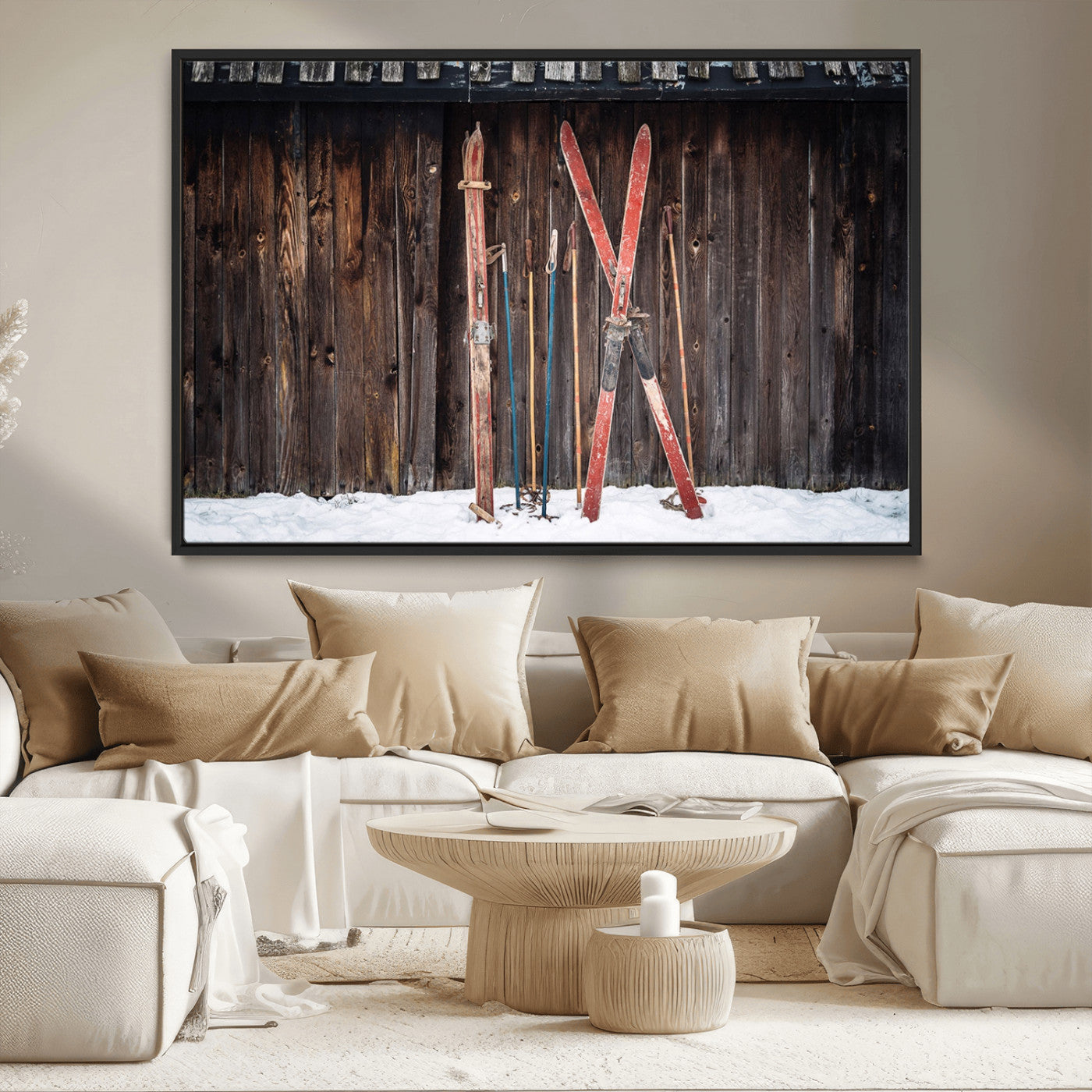 MGV-FC-36X24 - Vintage Ski Gear Against Wooden Cabin Wall, Rustic Winter Sports Equipment Canvas Print, Ready to Hang Wall Art, Perfect for Lodge or Ski Cabin Decor