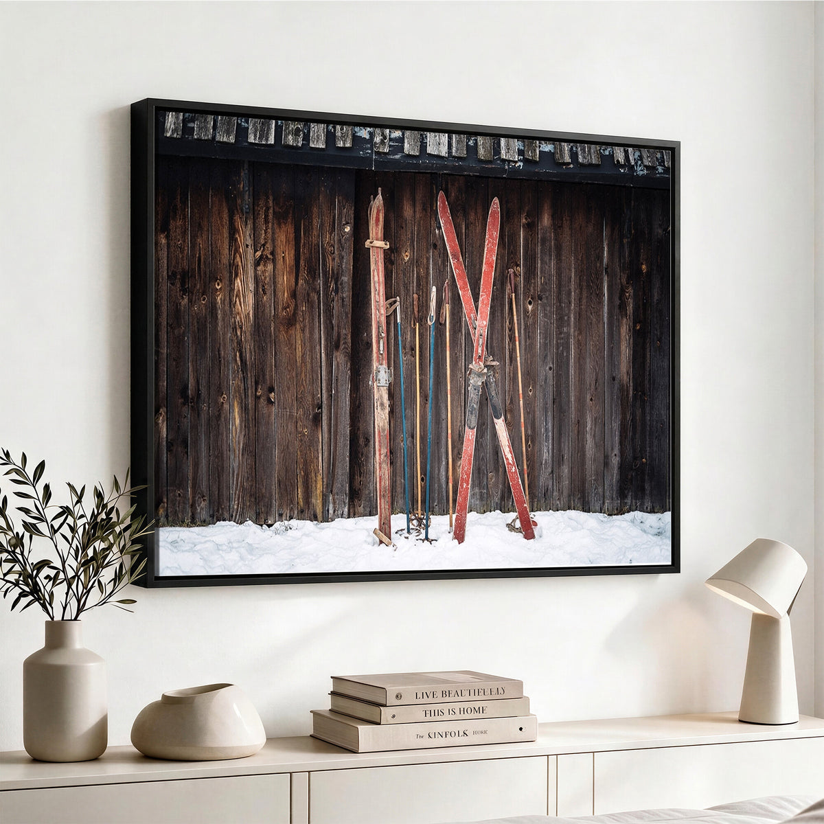 78590-MGV-CV-36X24 - Vintage Ski Gear Canvas Print, Vintage Ski Gear Against Wooden Cabin Wall
