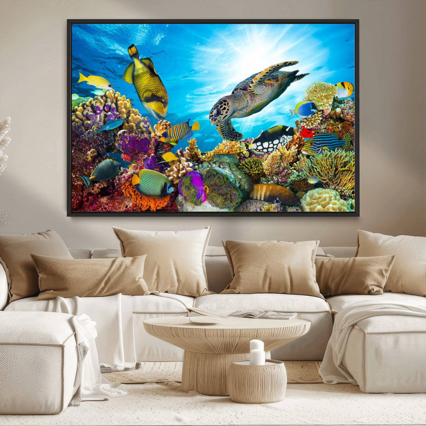 MGV-FC-36X24 - Sea Turtle Coral Reef Wall Art Print – Colorful Underwater Canvas Print – Tropical Ocean Marine Life Artwork – Perfect for Coastal Home Decor