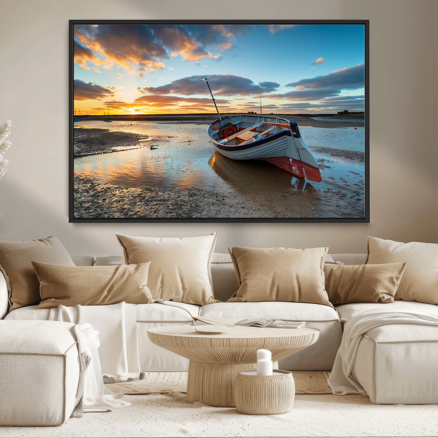 MGV-FC-36X24 - Small Boat At The Beach Sunset Wall Art, Boat Sunset Wall Art Canvas Print