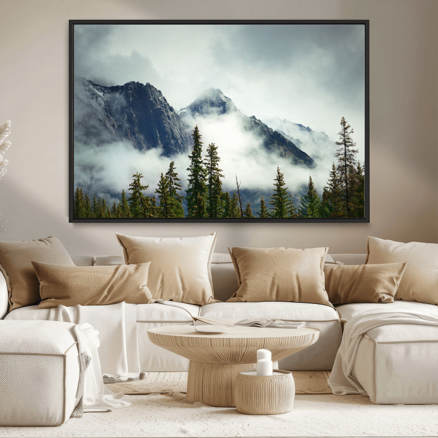 MGV-FC-36X24 - Mountain Mist Canvas Wall Art | 3-Panel Foggy Forest and Mountain Landscape | Large Giclee Print for Living Room, Office, or Cabin, Farmhouse Decor