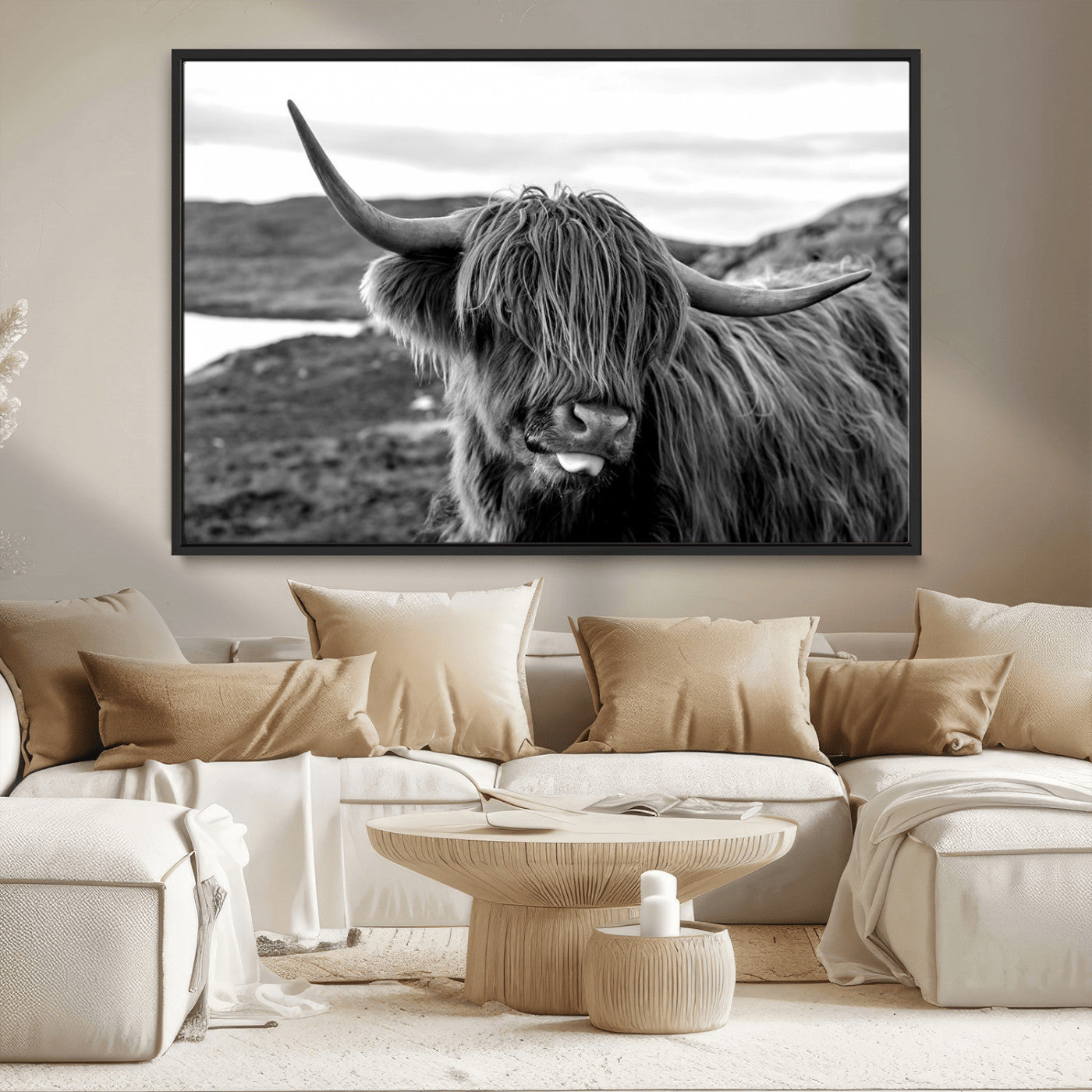 MGV-FC-36X24 - Highland Cow Canvas Wall Art – Black and White Animal Portrait – Framed and Ready to Hang Rustic Farmhouse Decor for Living Room or Office