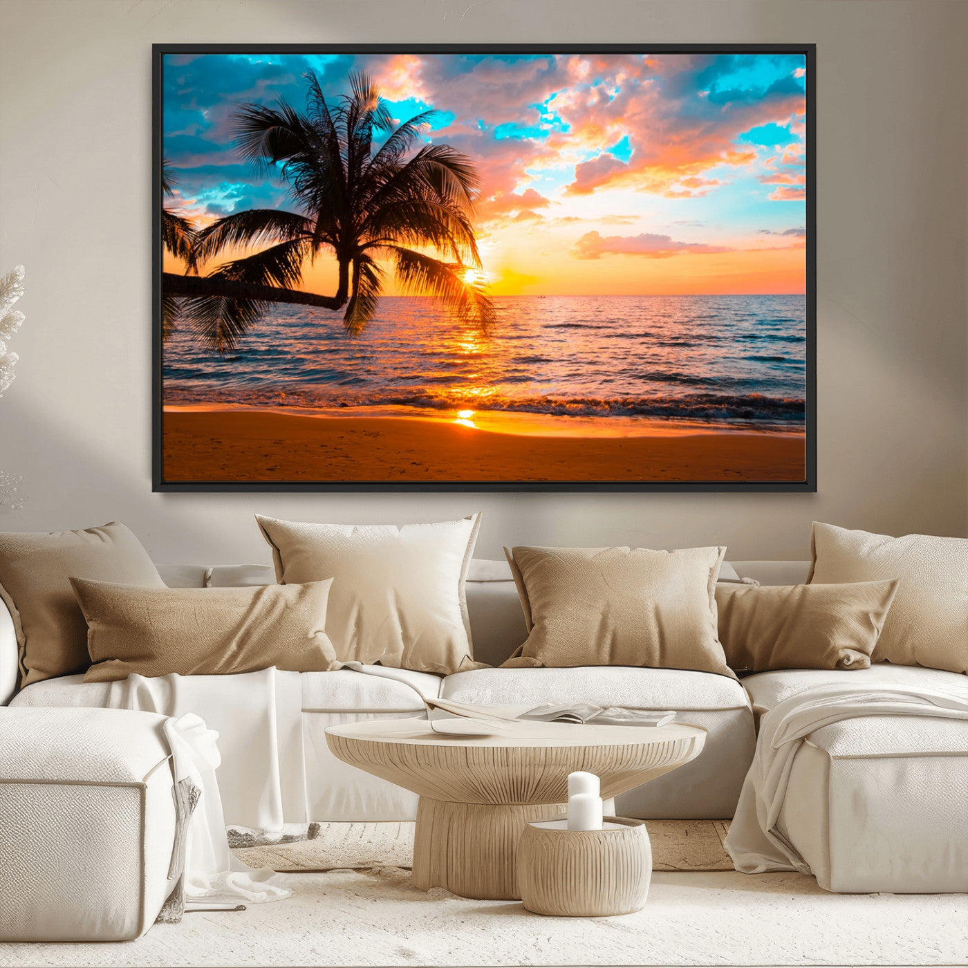 -Palm Tree Sunset On The Beach Wall Art Canvas, Framed Palm Tree Sunset Canvas Print