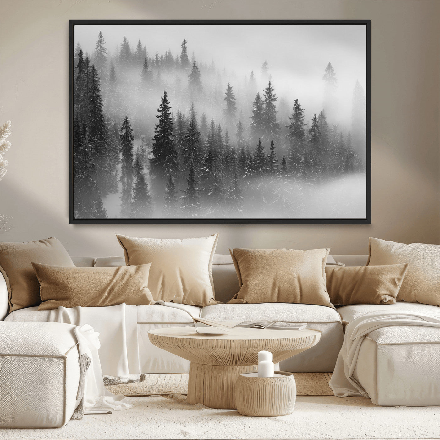 MGV-FC-36X24 - Black and White Forest Wall Art Print – Misty Pine Tree Canvas Print – Winter Woodland Nature Artwork – Perfect for Minimalist Home Decor