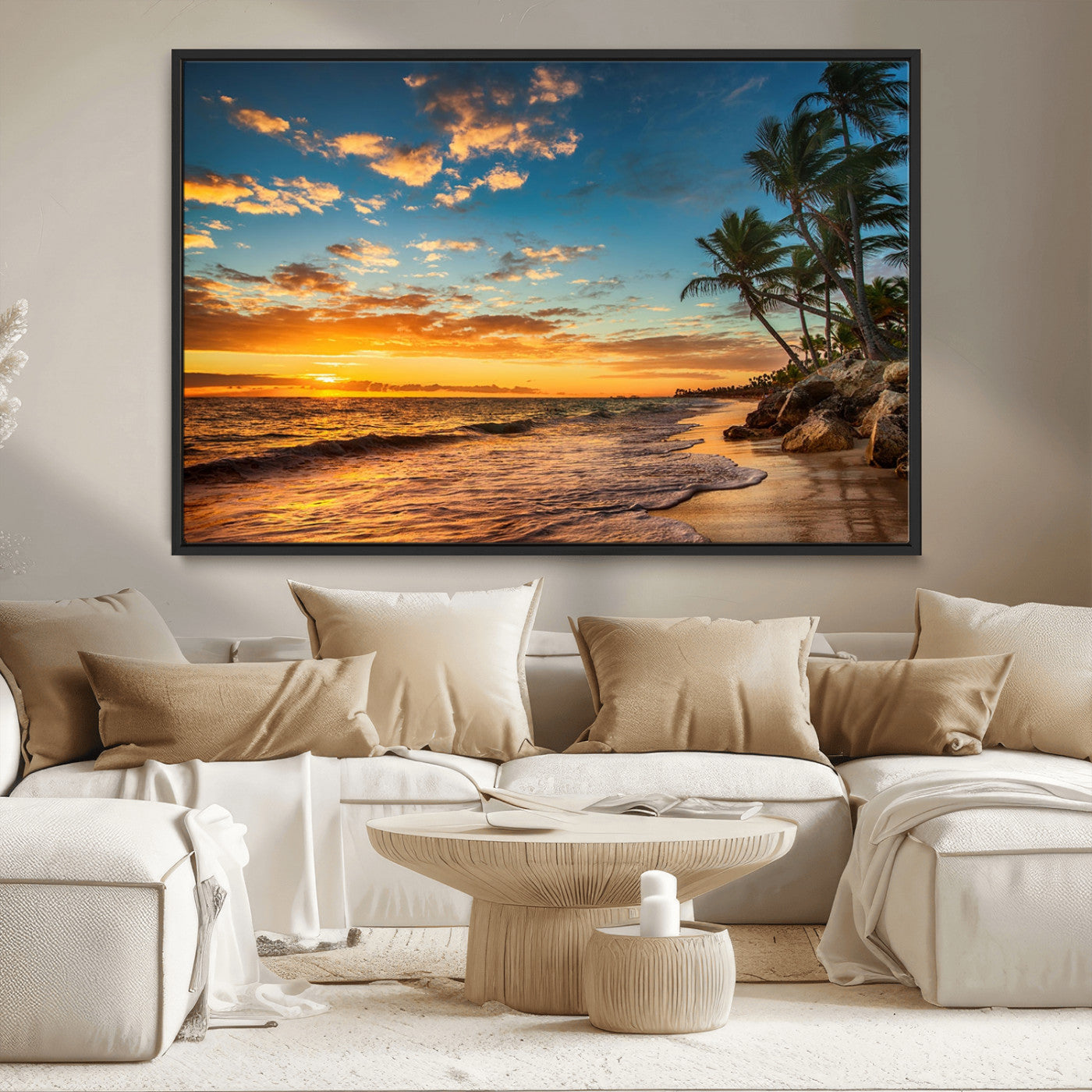 MGV-FC-36X24 - Tropical Beach Sunset Wall Art Print – Palm Tree Coastal Canvas Print – Ocean Seascape Artwork – Perfect for Tropical Modern Home Decor