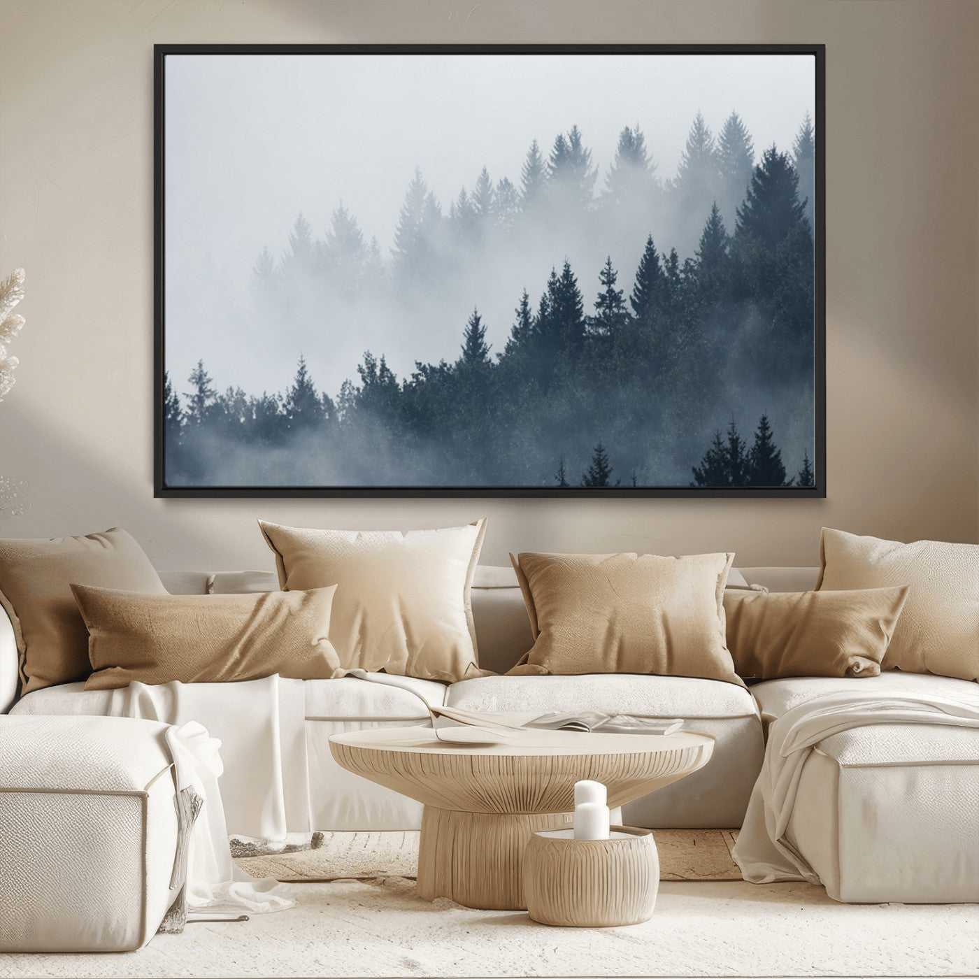 MGV-FC-36X24 - Misty Forest Wall Art Print – Foggy Pine Tree Canvas Print – Dark Woodland Nature Artwork – Perfect for Minimalist and Modern Home Decor