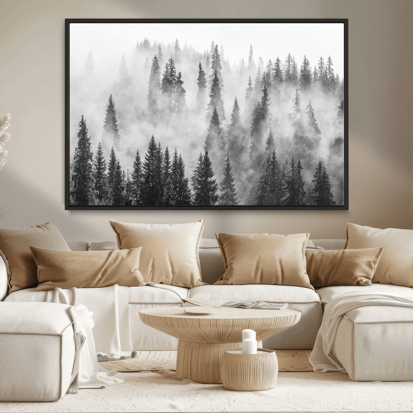 MGV-FC-36X24 - Forest Wall Art Print | Foggy Pine Forest Canvas Wall Art - Black and White Nature-Inspired Decor for Living Room, Modern Forest Landscape Print, Ready to Hang
