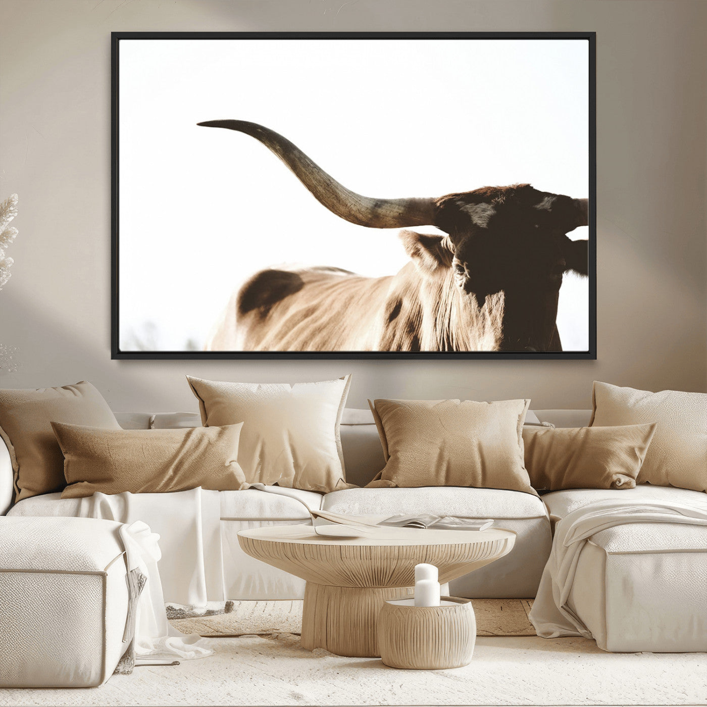 MGV-FC-36X24 - Texas Longhorn Wall Art Canvas Print | 3-Panel Large Longhorn Canvas Print for Living Room, Framed Gallery Wrap Office, Rustic Western Cowboy Decor