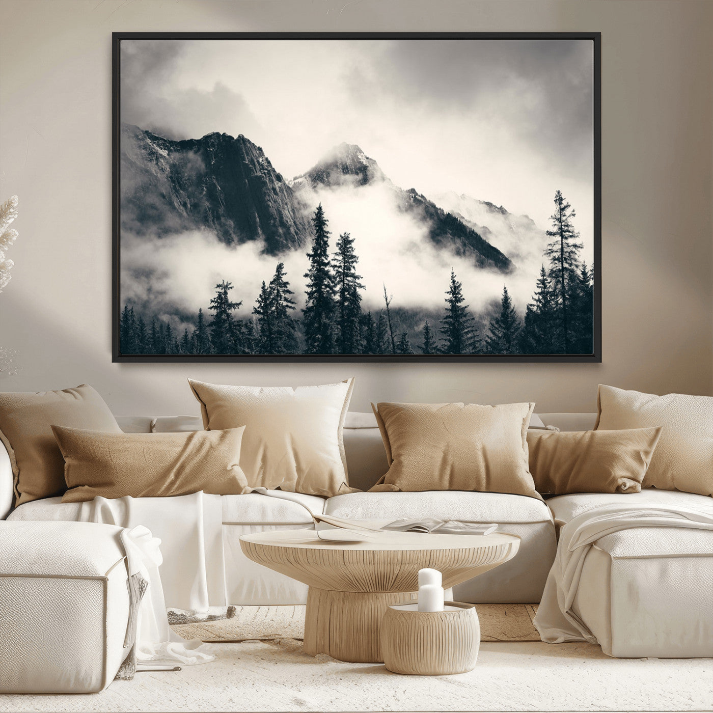 MGV-FC-36X24 - Large Foggy Mountain Forest Wall Art Canvas Print | Misty Mountain Peaks and Pine Trees Print | Framed Gallery Wrap | Rustic Nature Farmhouse Decor