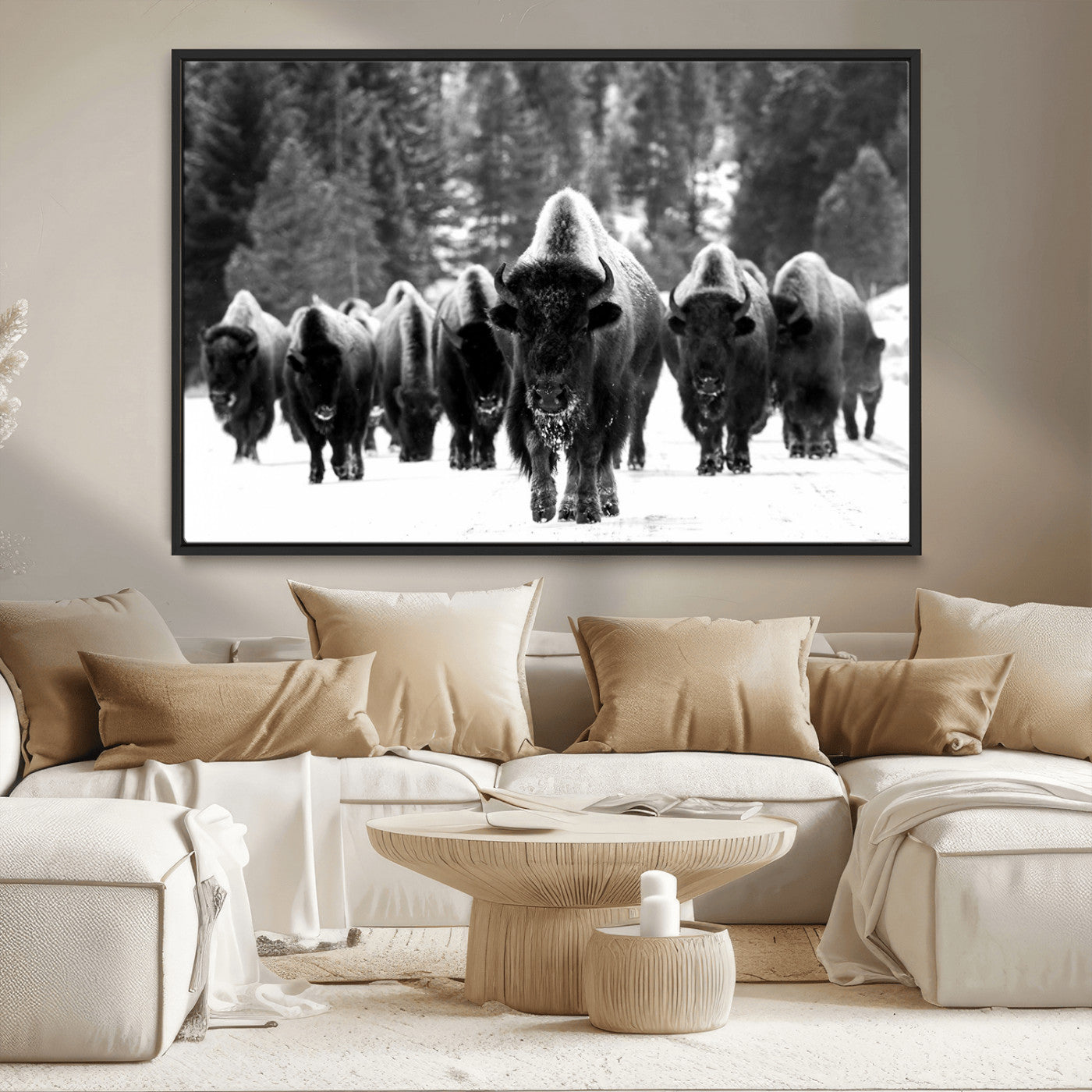 62434-MGV-CV-36X24-Bison Herd in Snow Wall Art Canvas Print | Rustic Western Bison Wall Art for Decor for Living Room,