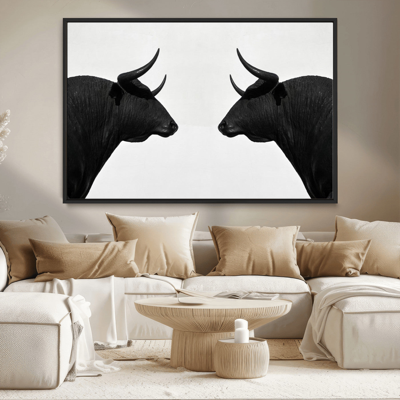 -Spanish Bull Art - Framed Black and White Bull Canvas Print for Modern Rustic Home or Office Decor