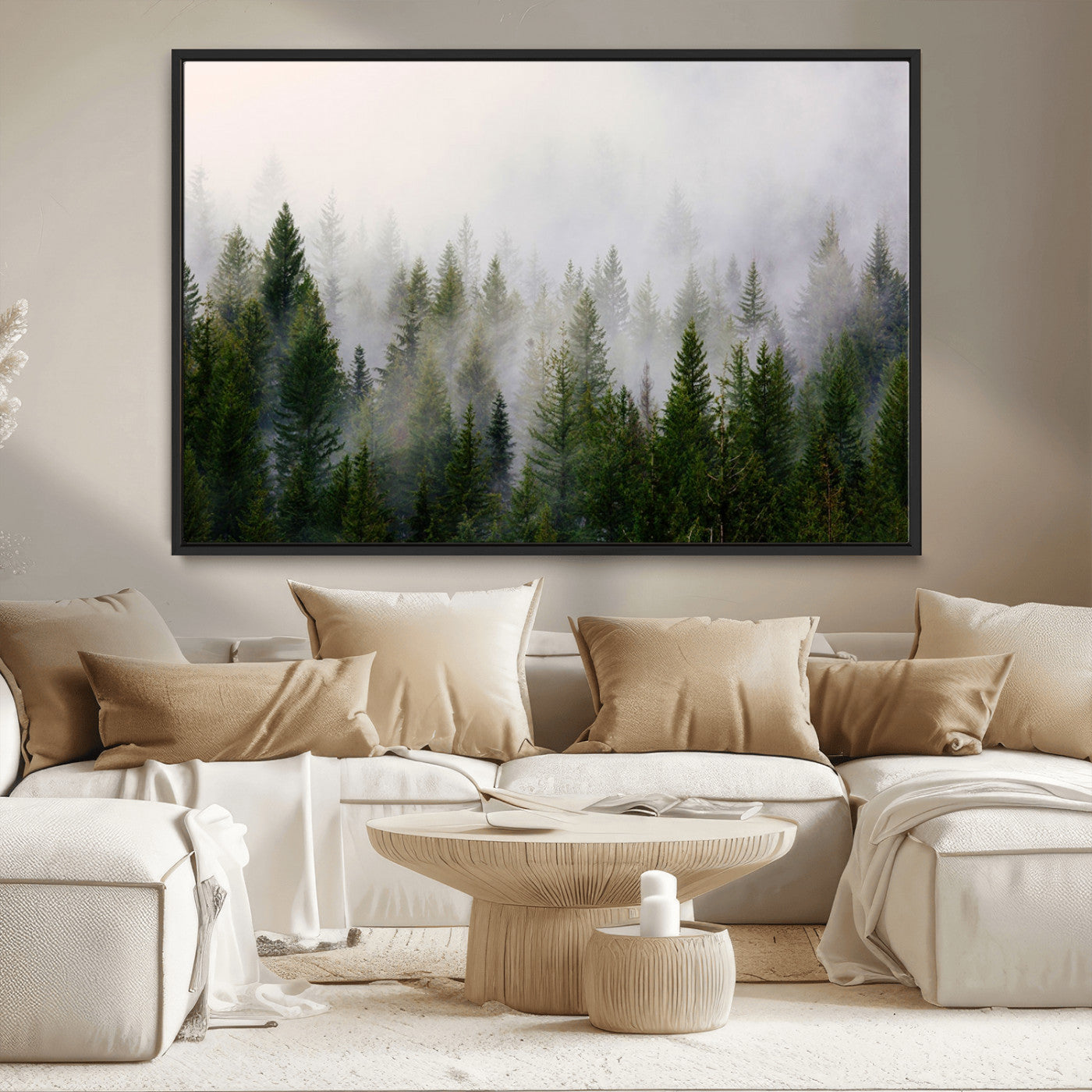 MGV-FC-36X24 - Misty Pine Forest Wall Art Canvas Print | 3 Panel Green Woodland Canvas Print for Living Room, Office, or Dining Room | Nature Foggy Forest Decor