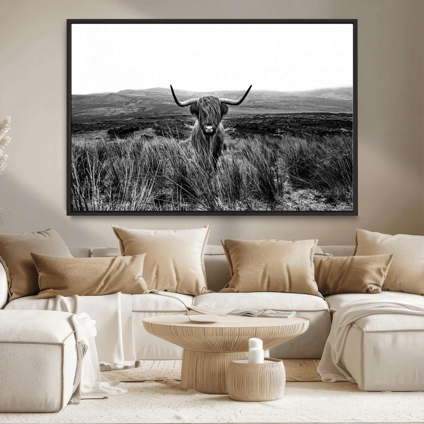 MGV-FC-36X24 - Black and White Highland Cow Canvas Wall Art, Longhorn Triptych Western Wall Decor for Cabin -