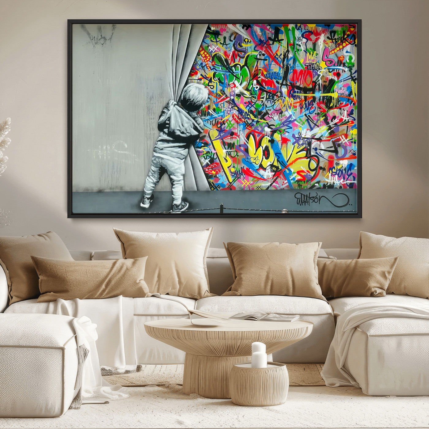 MGV-FC-36X24 - Banksy Colorful Street Graffiti Canvas Wall Art Print, Modern Art Triptych, Child and Graffiti Wall, Urban Art for Home or Office Decor