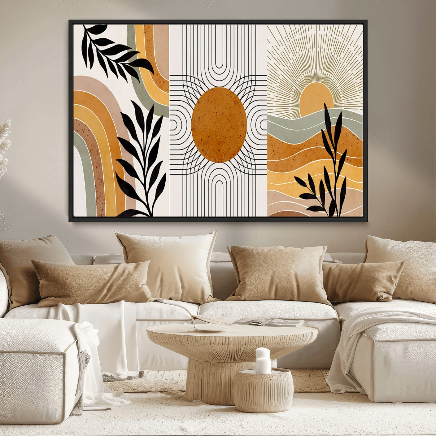 MGV-FC-36X24 - Modern Boho Sun and Leaf Abstract Art – 3-Panel Giclée Canvas for Mid-Century Modern or Bohemian