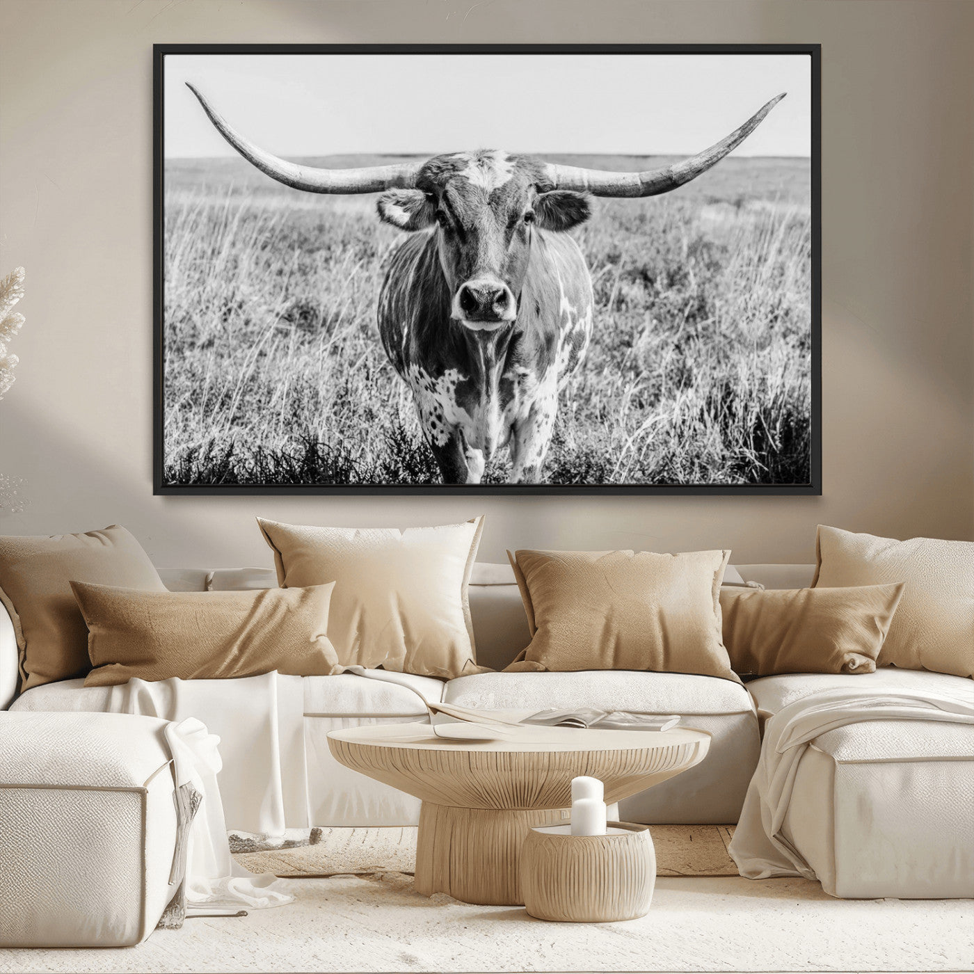 MGV-FC-36X24 - Texas Cow Longhorn Wall Art Canvas Print for Farm House Wall Decor, Farmhouse Wall Art Print