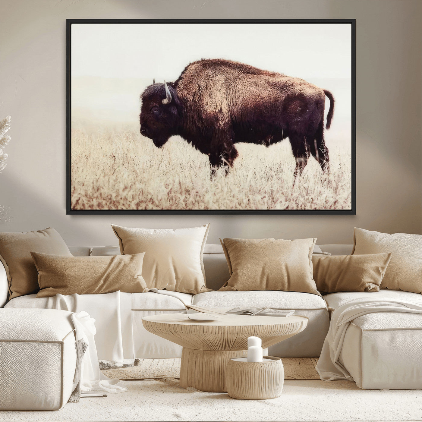 MGV-FC-36X24 - Bison in Field Wall Art Canvas Print For Farmhouse Barn Decor