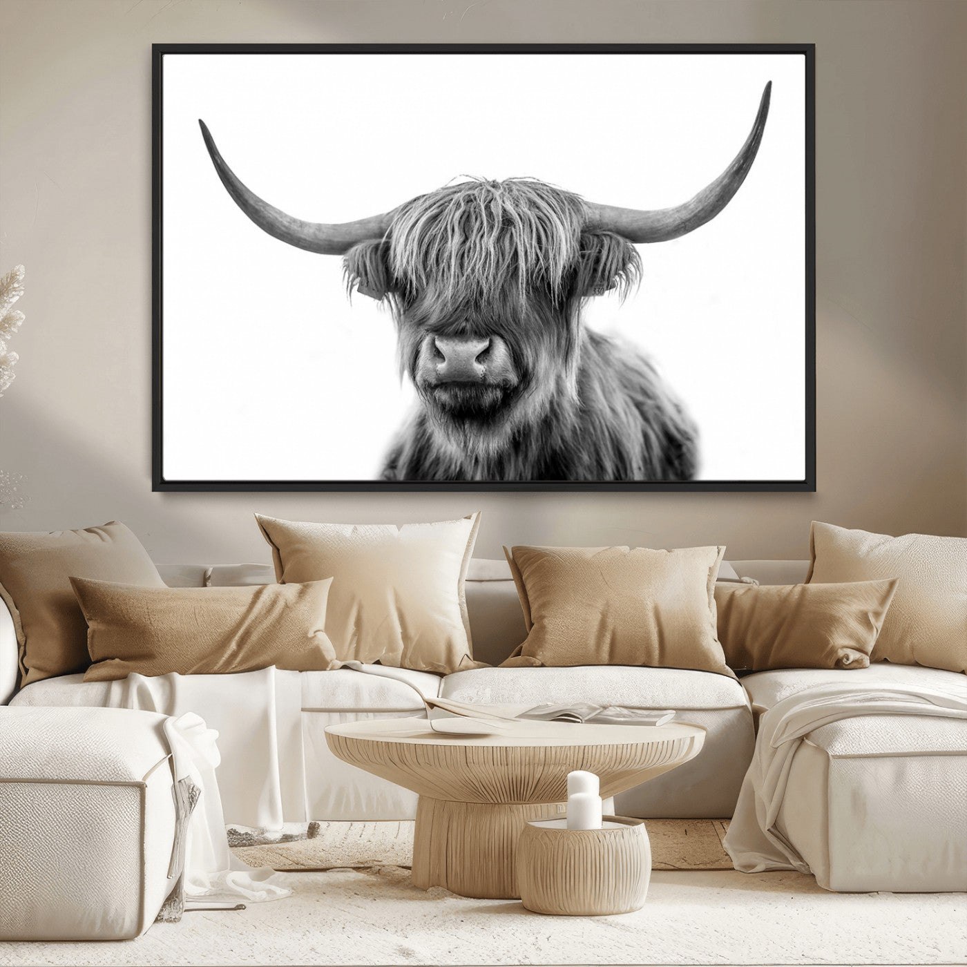 MGV-FC-36X24 - Grayscale Scottish Highland Cow Cattle Art Print Farmhouse Wall Art Canvas Print