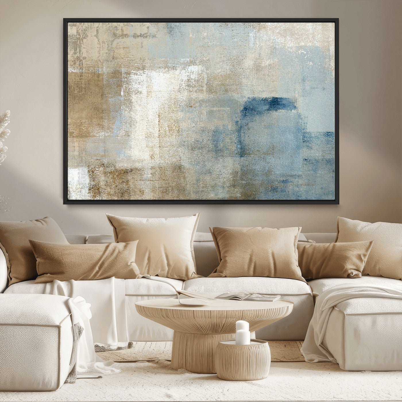 MGV-FC-36X24 - Abstract Blue and Beige Wall Art, Modern Minimalist Canvas Print Set, Giclee Textured Art, Large Multi-Panel Artwork for Living Room
