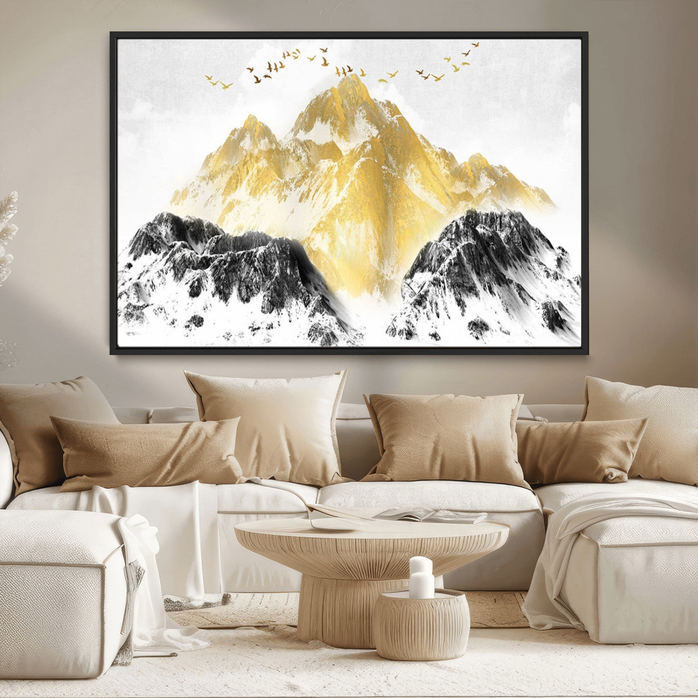 MGV-FC-36X24 - Golden Mountain Triptych Wall Art, Modern Giclee Canvas Print, Nature Landscape Decor for Living Room, Contemporary Gold and Black Wall Art