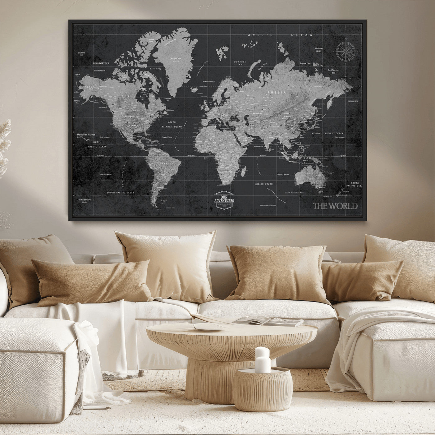 MGV-FC-36X24 - Push Pin World Map Canvas Print – Framed Wall Art for Couples to Track Their Travels – Anniversary