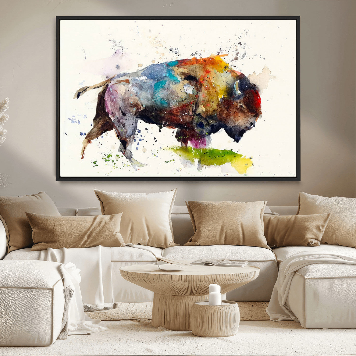 MGV-FC-36X24 - Abstract Buffalo Wall Art, Western Watercolor Bison Canvas Print, Rustic Buffalo Art for Cowboy and Western Decor, Large Multi-Panel Giclee Canvas