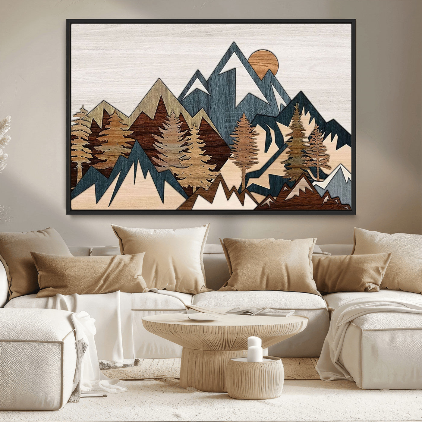 MGV-FC-36X24 - Woodland Mountain Landscape Triptych, Giclee Canvas Art for Modern Home, Rustic Wooden Nature Wall Art, Large Mountain and Tree Canvas for Living Room
