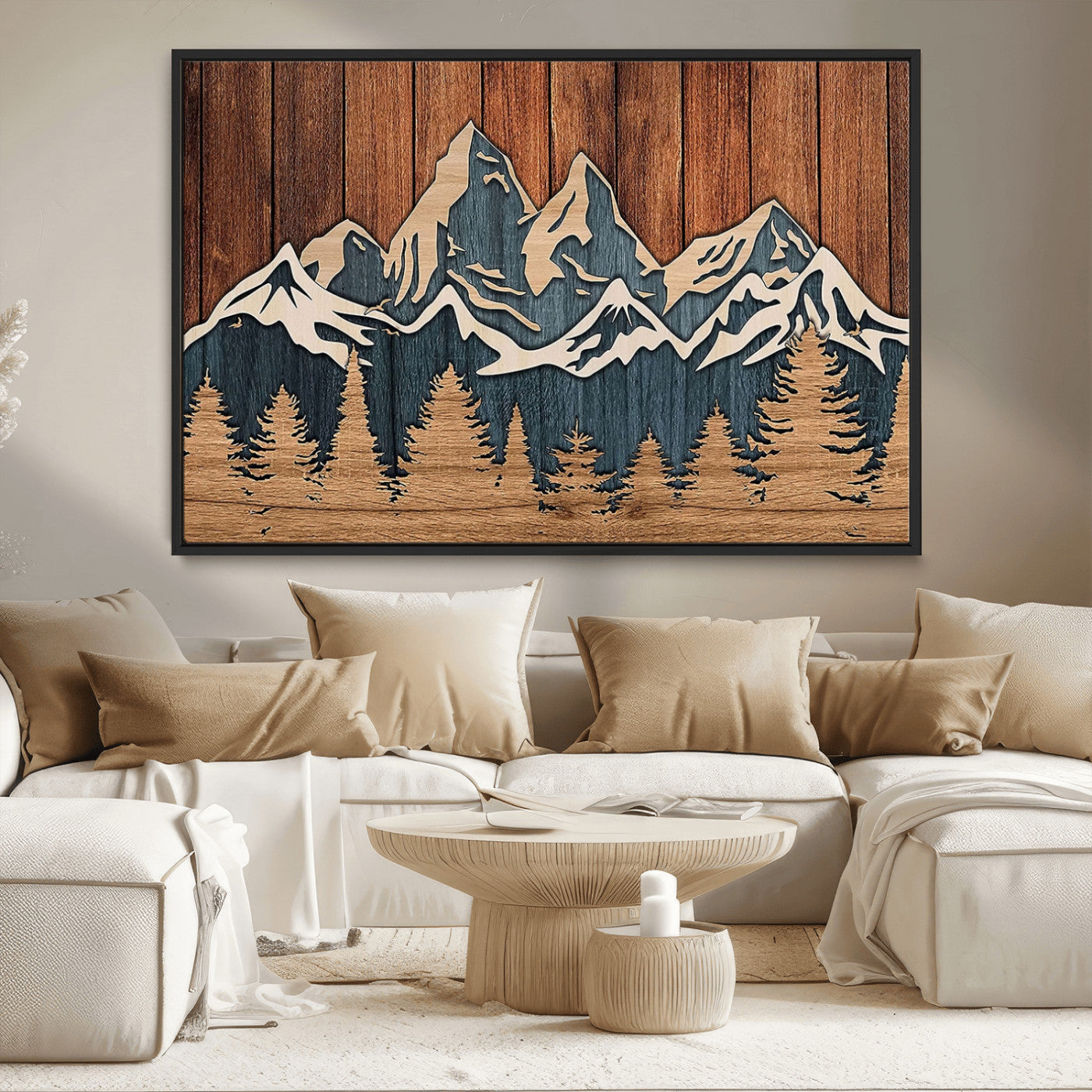 MGV-FC-36X24 - Rustic Wood Style Mountain Wall Art, Nature Forest Canvas Print, Wooden Textured Mountain Artwork, Handcrafted Landscape Decor for Farmhouse Decor