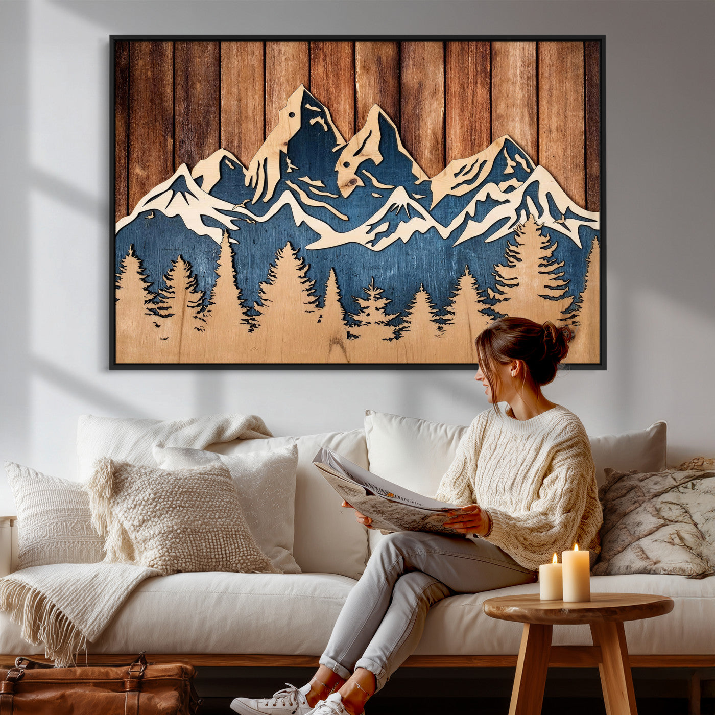 41330-MGV-CV-36X24 - Rustic Wood Style Mountain Wall Art, Nature Forest Canvas Print, Wooden Textured Mountain Artwork Print
