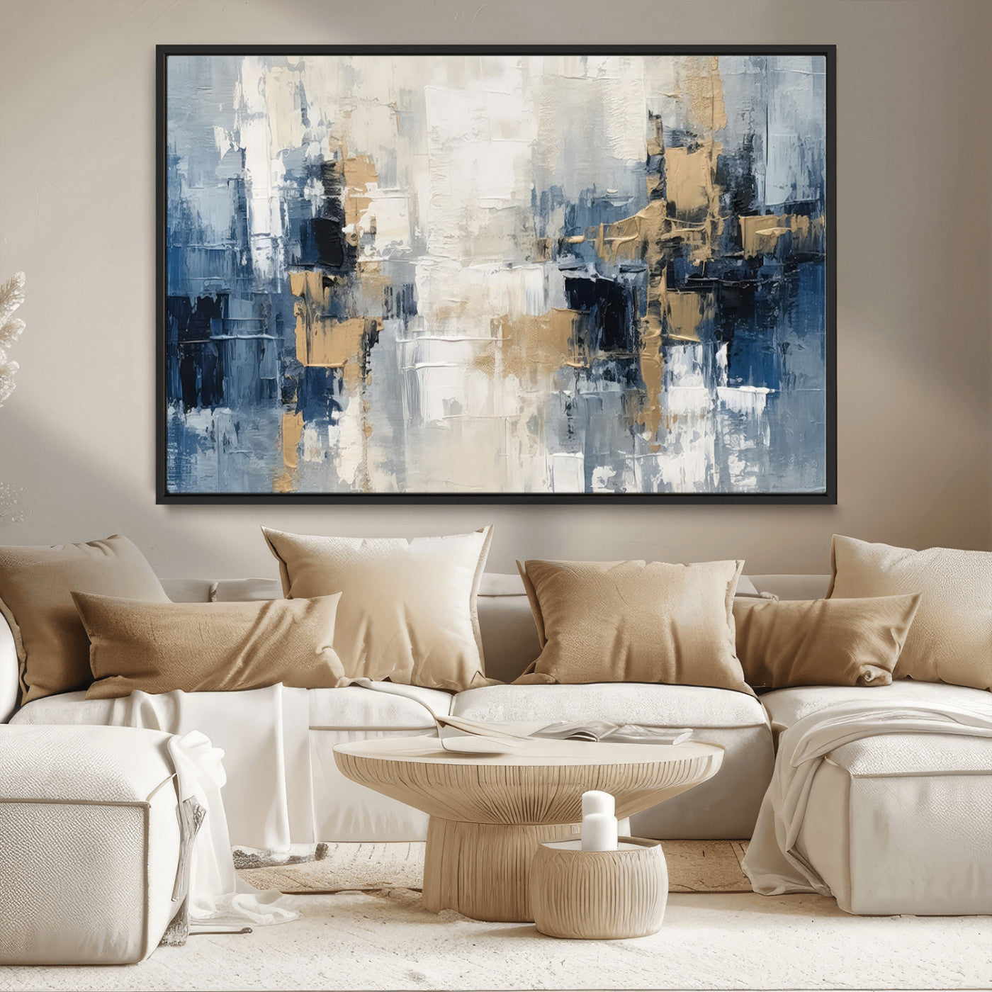 -Modern Abstract Canvas Wall Art in Blue and Gold Tones | Large Contemporary Art for Living Room,