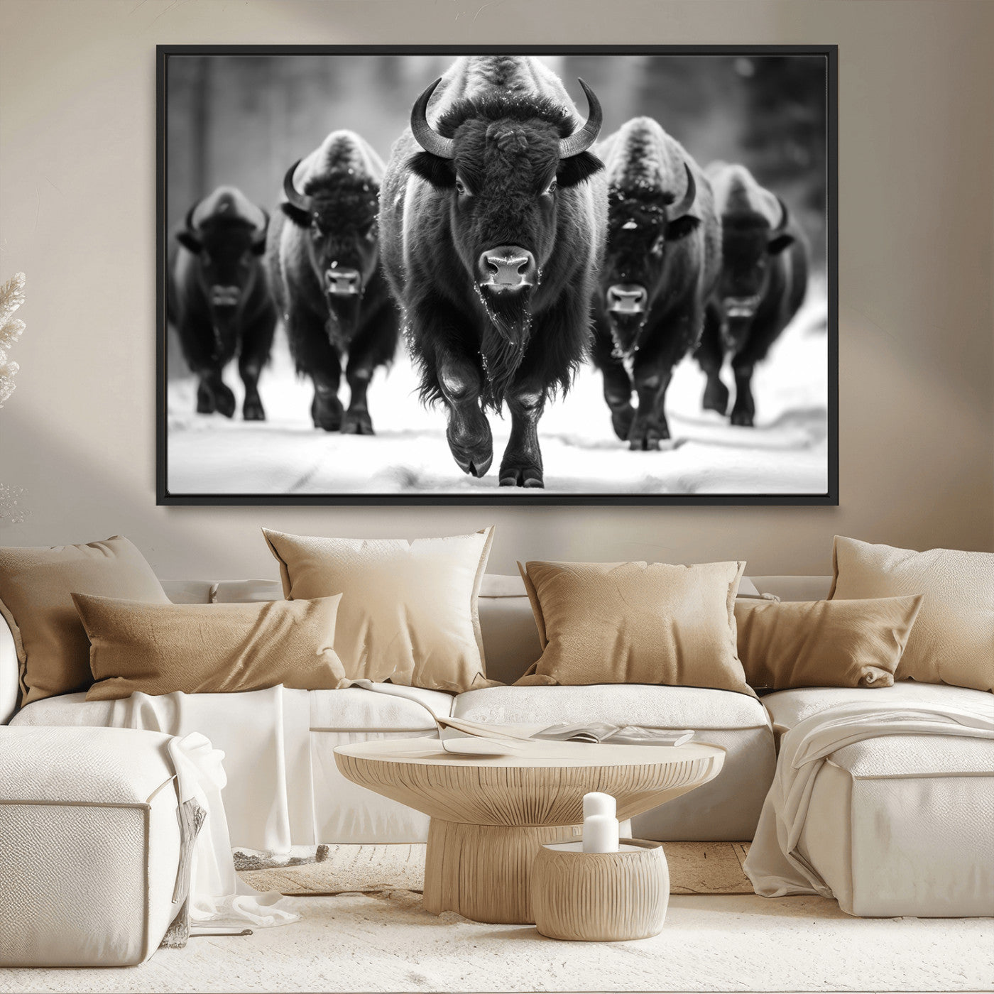MGV-FC-36X24 - American Bison Art | Buffalo Herd Wall Art Canvas Print, BW American Bison Herd Wall Art Canvas Print