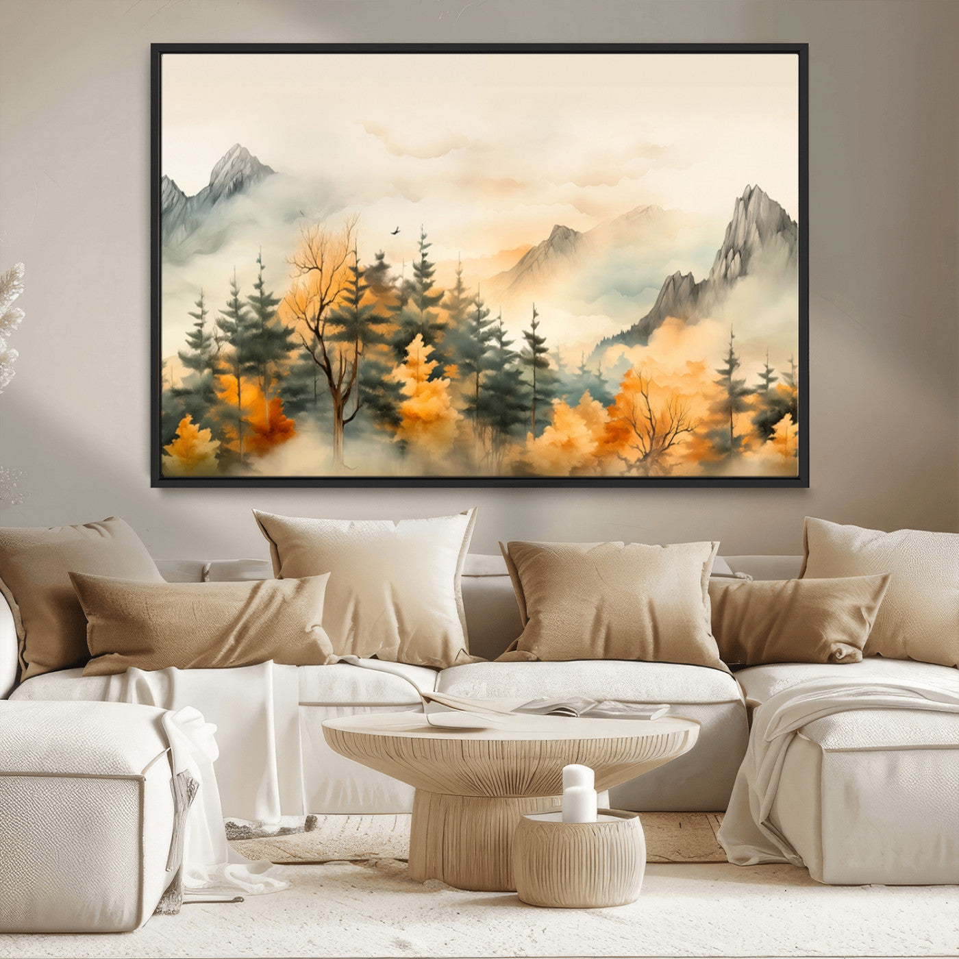 MGV-FC-36X24 - Abstract Watercolor Mountains and Trees Autumn Art, Watercolor Mountains and Trees Canvas Print