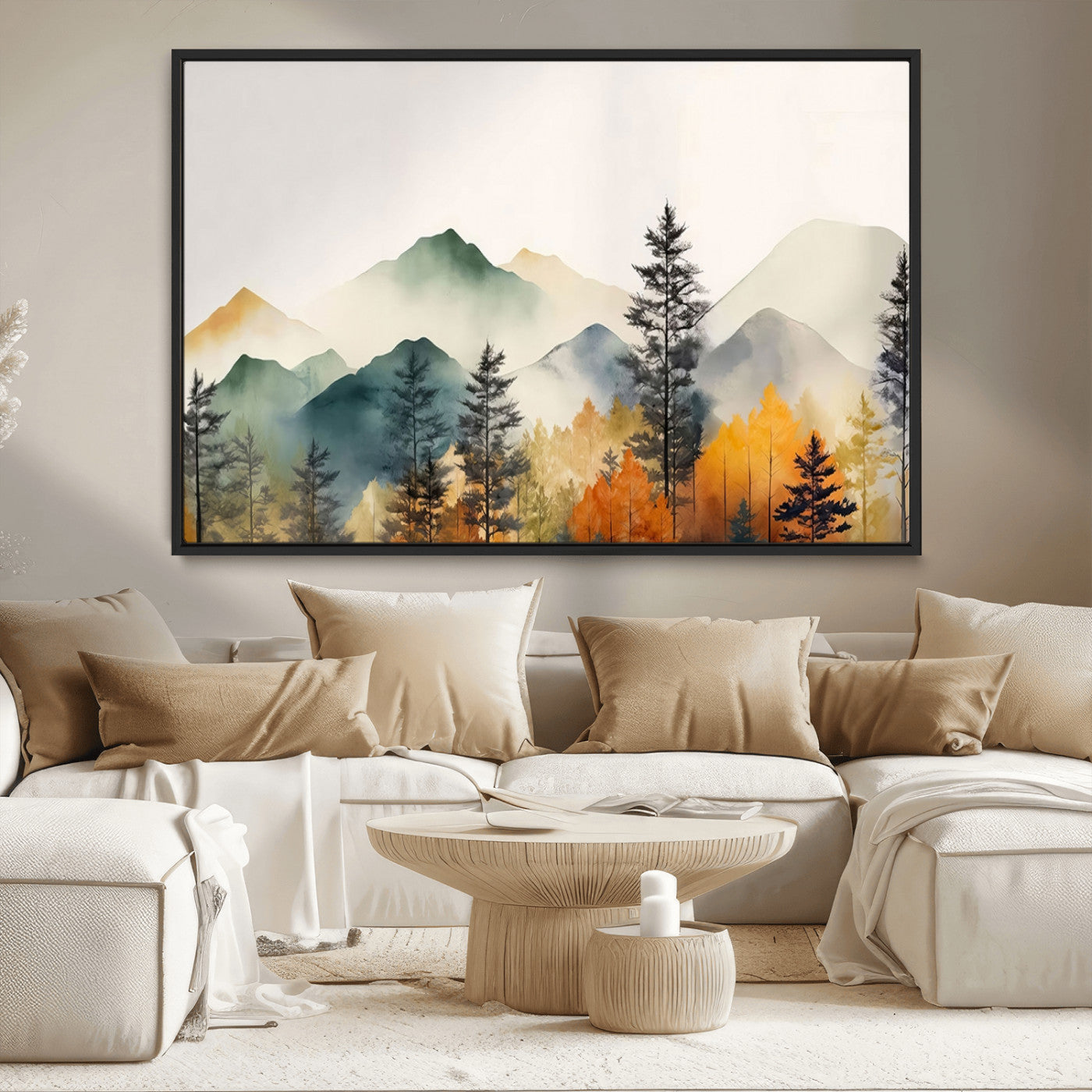 MGV-FC-36X24 - Abstract Watercolor Mountains and Trees Autumn Wall Art, Mountains and Trees Autumn Wall Art Canvas