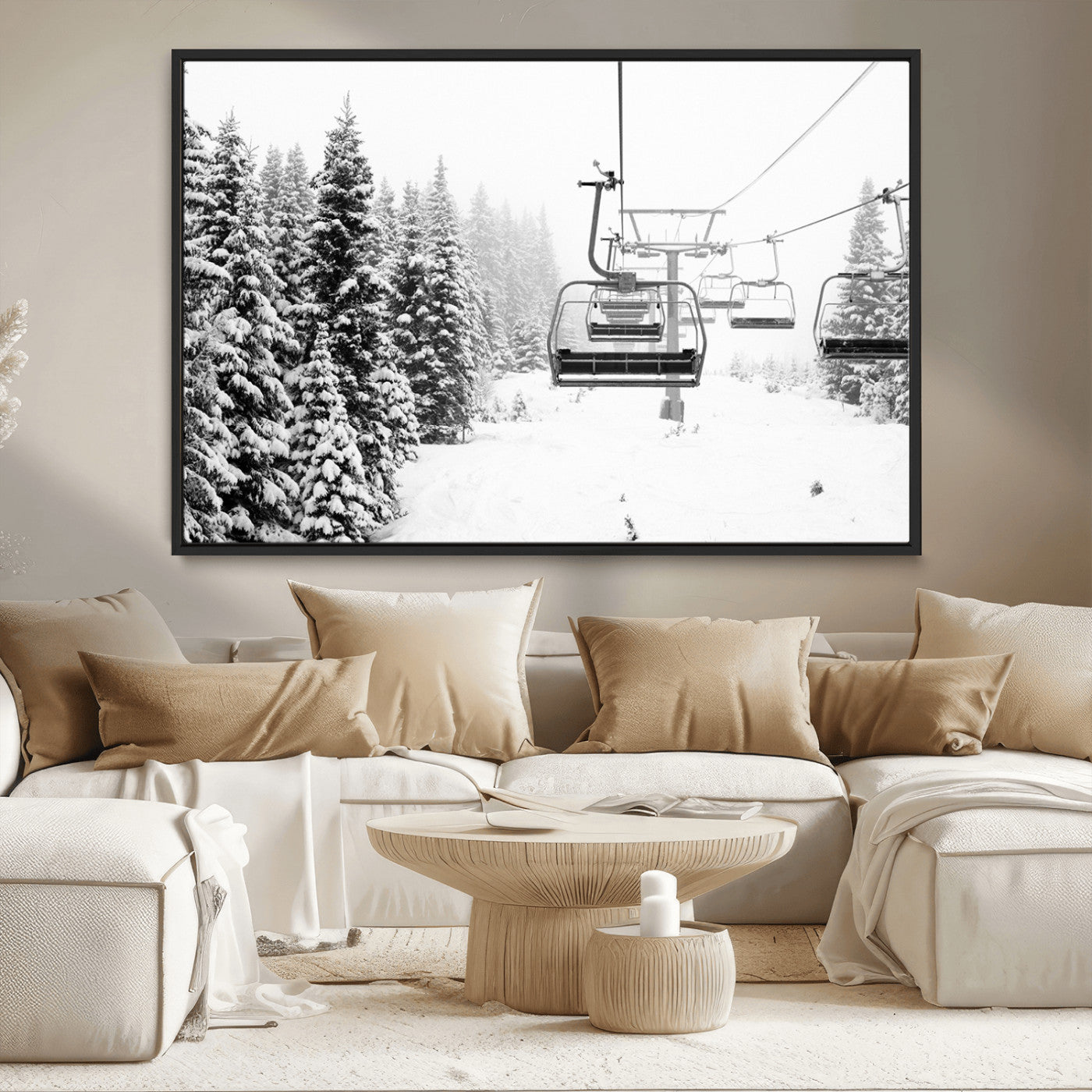 MGV-FC-36X24 - Winter Forest Wall Art Canvas Print, Framed Snowy Forest Art Picture Print, Winter Ski Lift Perfect