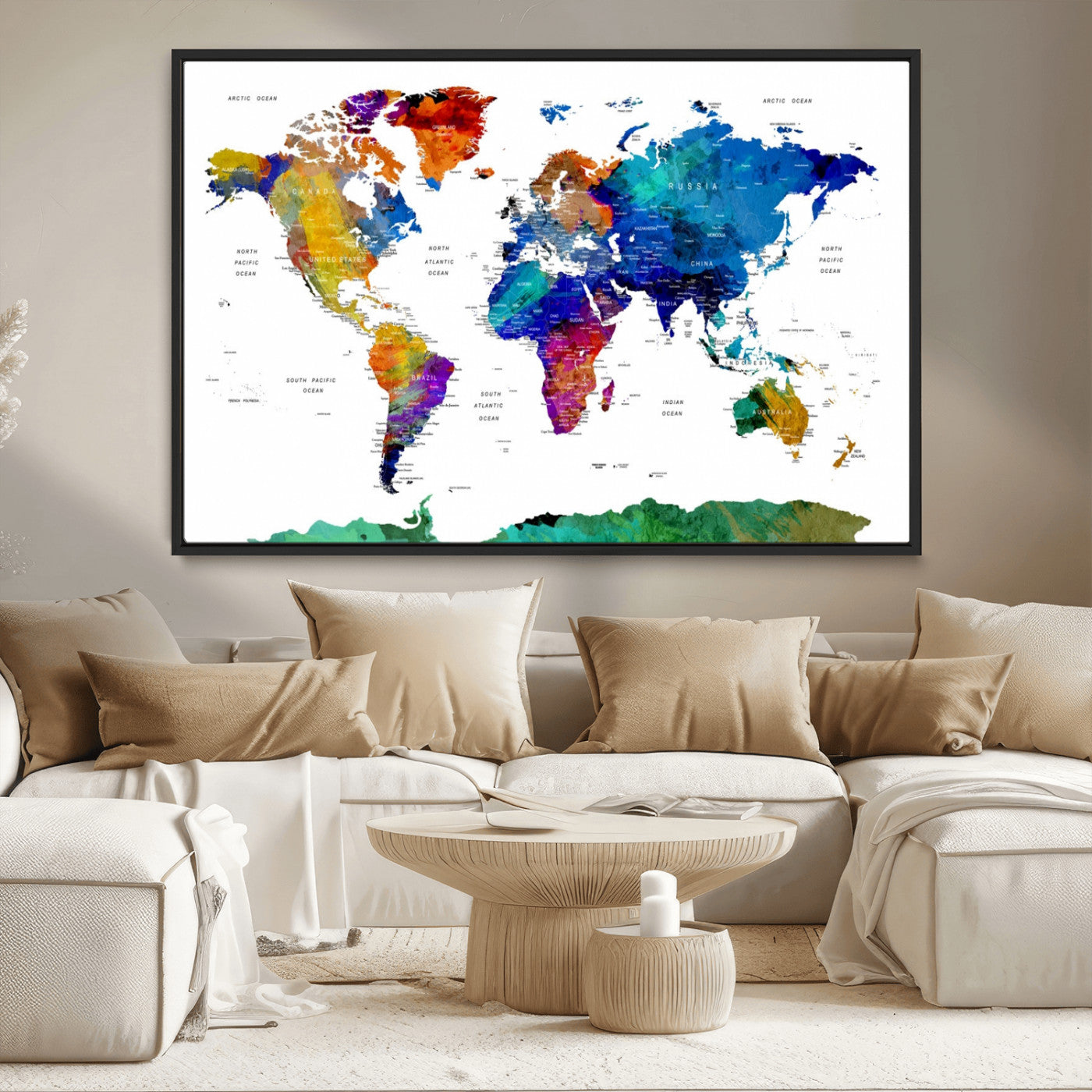 -Push Pin World Map Canvas Print – Framed Wall Art for Couples to Track Their Travels – Anniversary