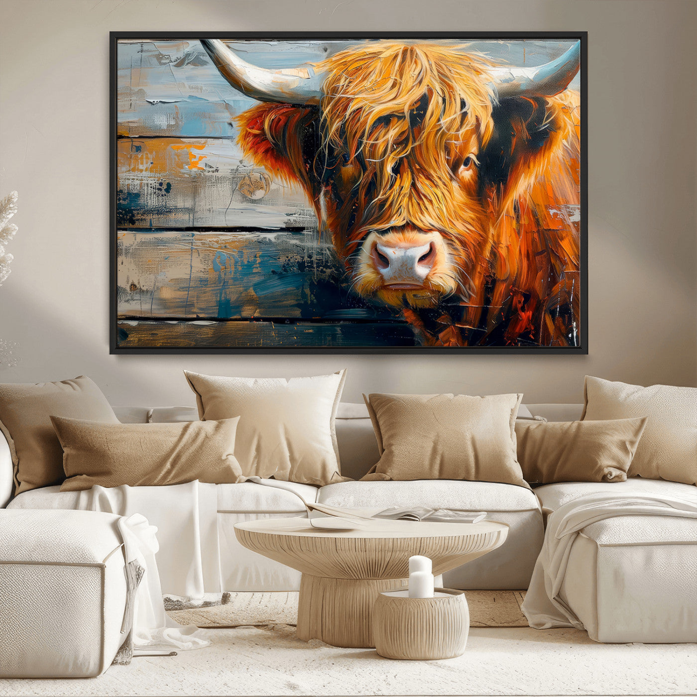 -Highland Cow Abstract Canvas Wall Art – Bold Farmhouse Rustic Decor – Ready to Hang