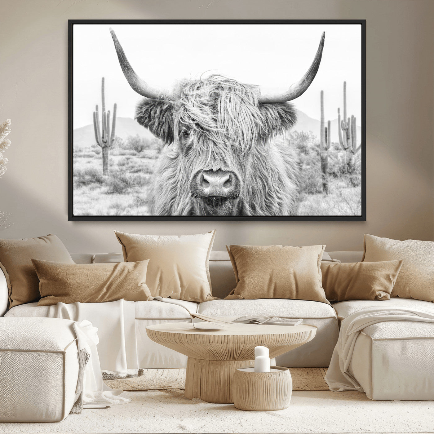 -Rustic Charm | Cow Longhorn Black White Bighorn Wall Art Canvas Print | Farmhouse Wall Art