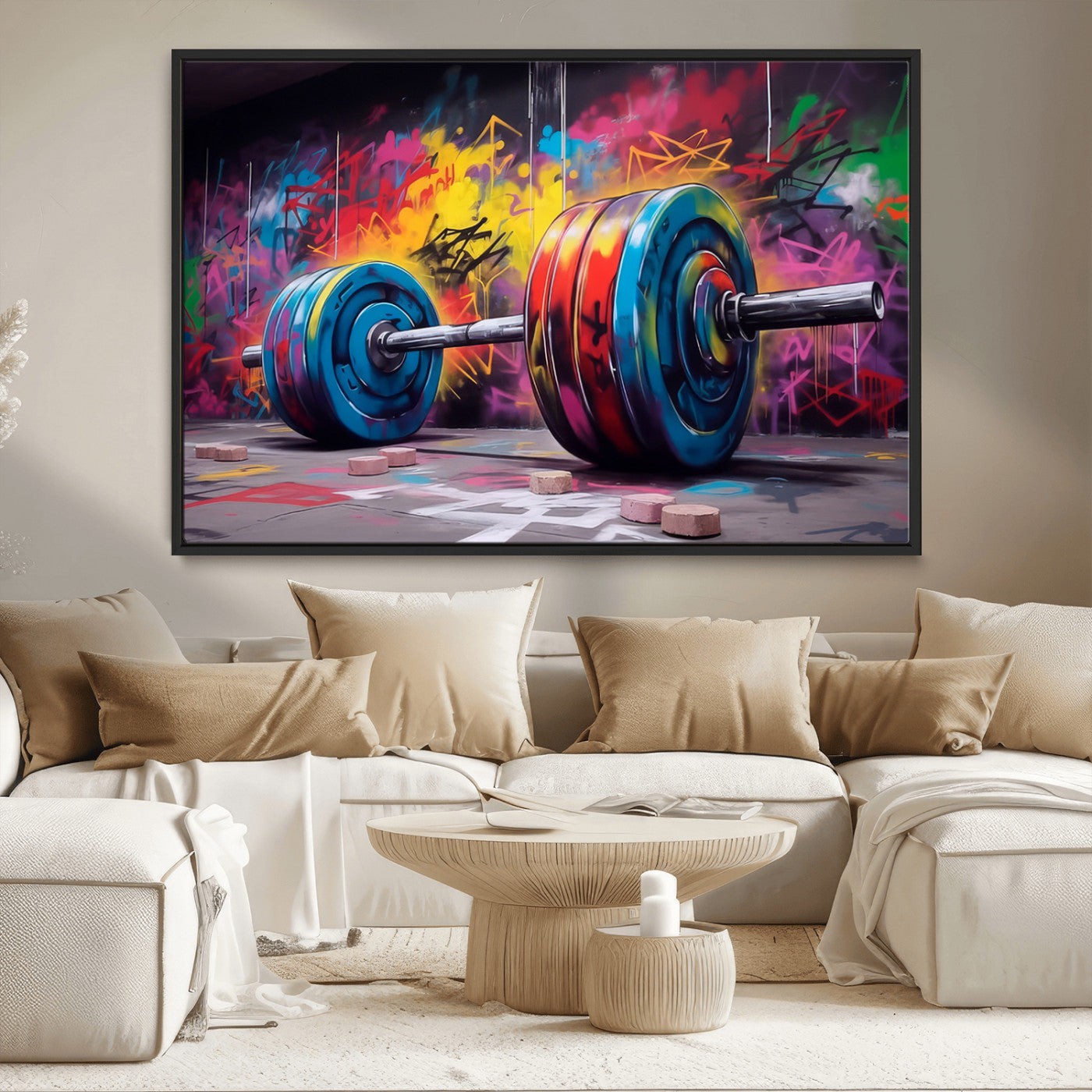 MGV-FC-36X24 - Abstract Graffiti Barbell Canvas Wall Art – Urban Fitness Meets Bold Street Art Print - Gym Wall Art Print