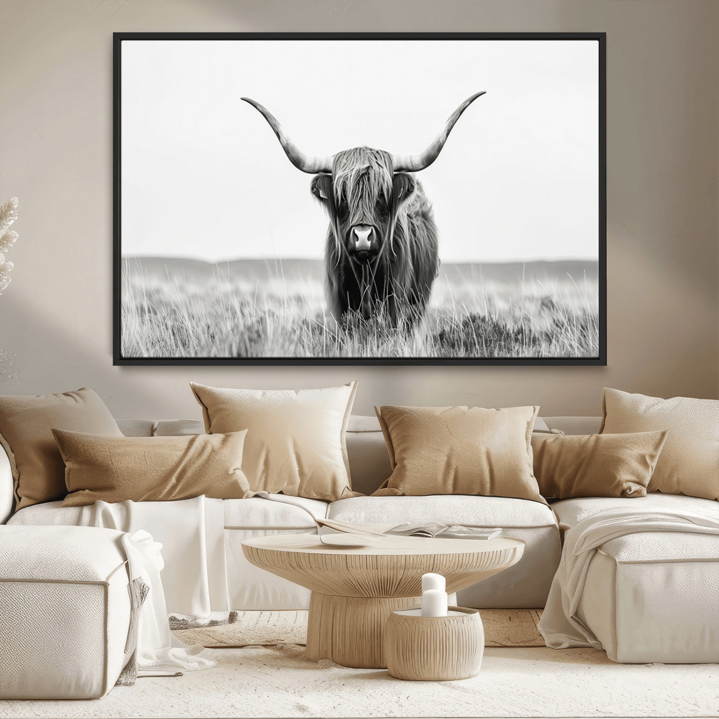 MGV-FC-36X24 - Highland Cow Canvas Wall Art – Majestic Beauty in Black and White