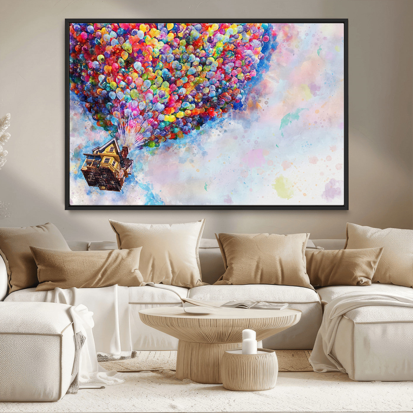 MGV-FC-36X24 - Don't Look Up Movie Canvas Wall Art - Vibrant Floating House and Balloons Scene, Tribute to Iconic