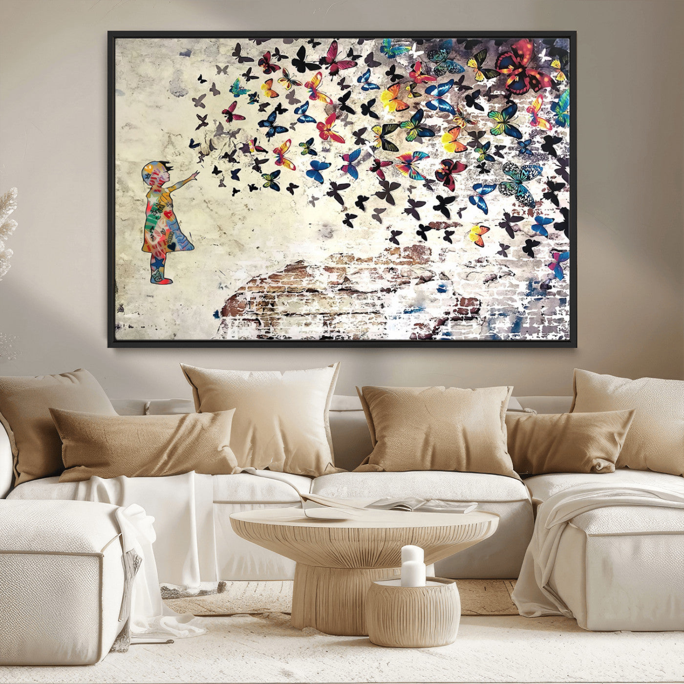 MGV-FC-36X24 - Banksy Wall Art - Banksy Girl Butterfly Graffiti Wall Art Canvas Print - Butterfly Girl and Freedom Flight - Vibrant Street Art Print