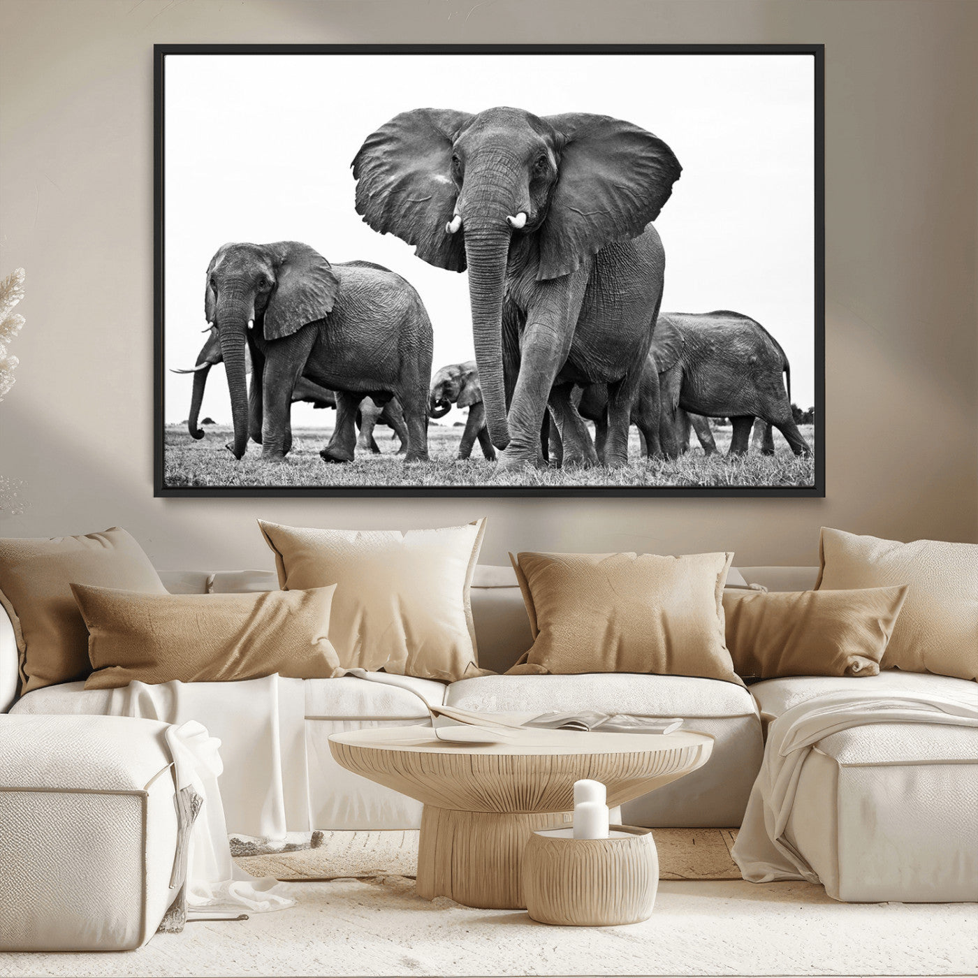 MGV-FC-36X24 - Black White Elephant Family Wall Art Canvas Print