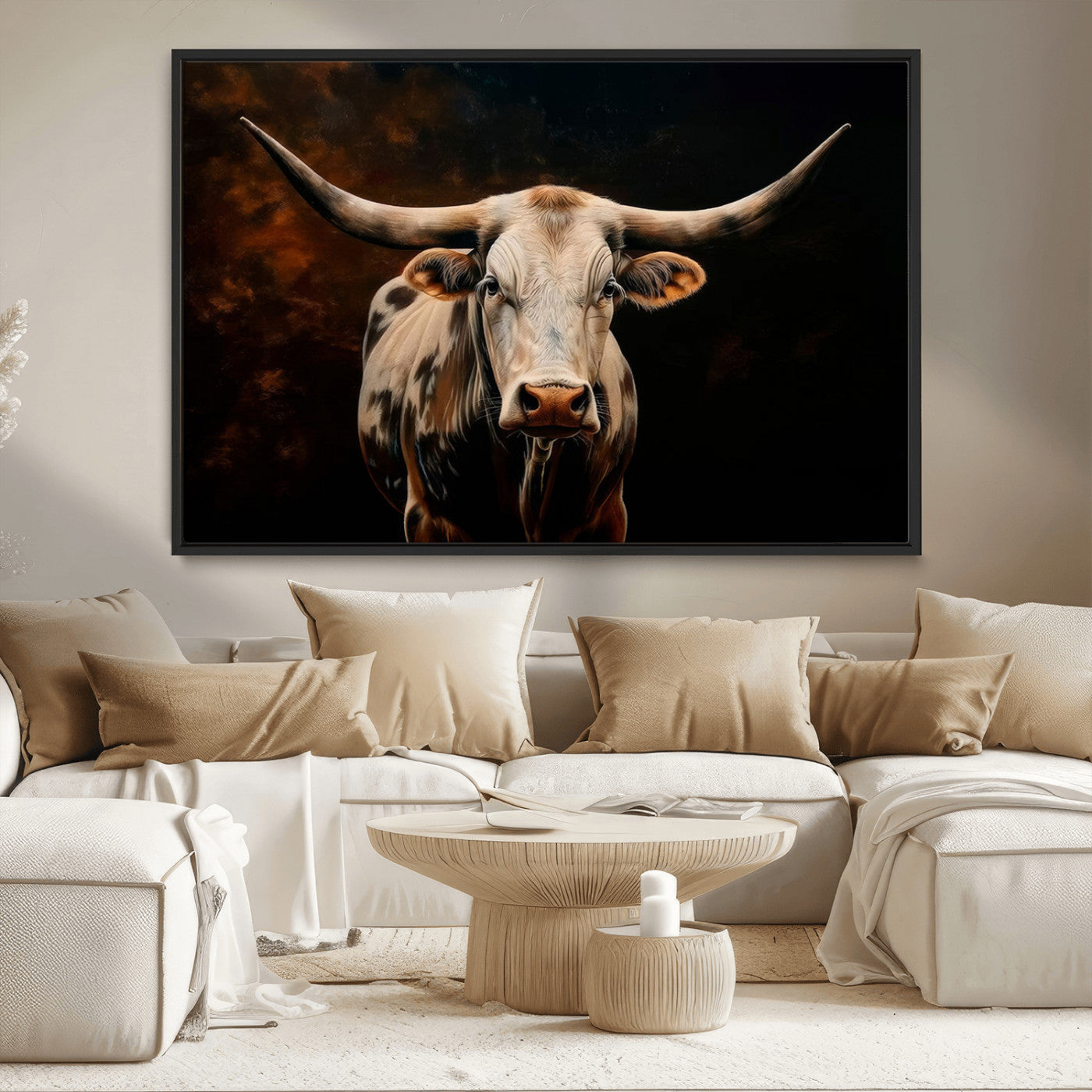MGV-FC-36X24 - Texas Longhorn Wall Art | 3-Panel Large Texas Longhorn Canvas Print for Living Room, Office, or Farmhouse Decor | Framed Giclee Longhorn Wall Art